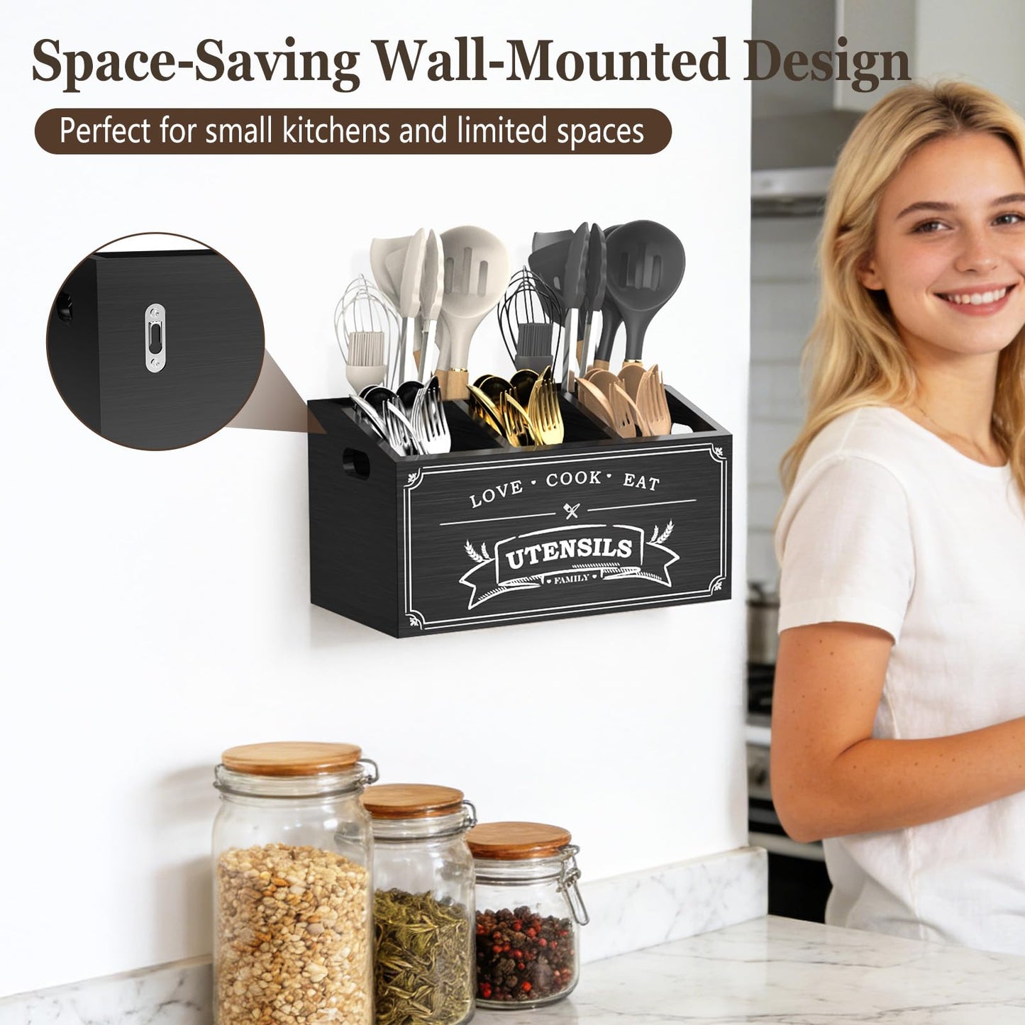 COAZEX Large Kitchen Utensil Holder with 5 Compartments, Wooden Cooking Utensil Holder for Countertop or Wall Mount, Rustic Farmhouse Utensil Caddy for Silverware, Forks, Spoons, and Spatulas (Black)