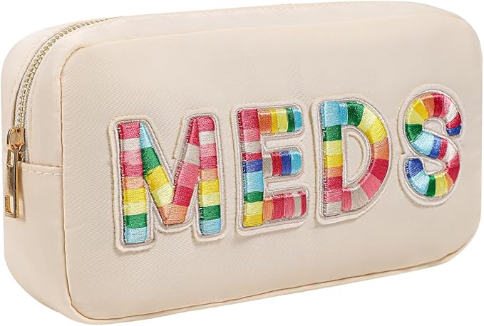 Chenille Letter Patch Nylon Medicine Packages,Cute MEDS Travel Makeup Bag with Metal Zipper, First Aid Purse Organizer Cosmetic Bag for Women and Girls(01Beige)