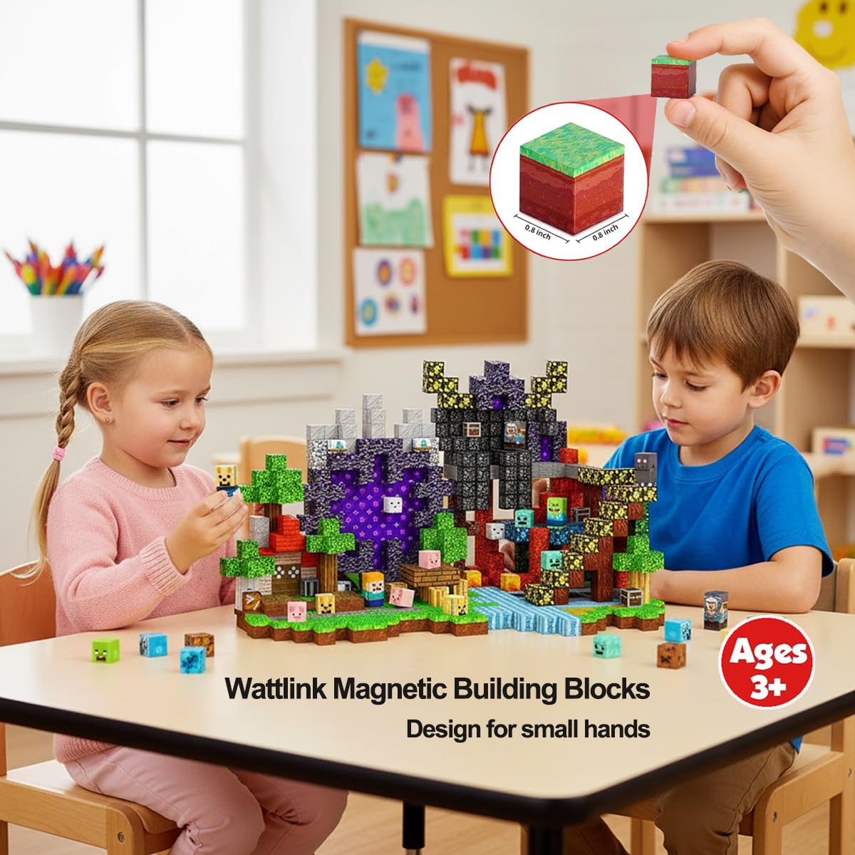 Wattlink Magnetic Building Blocks Set, 200 Pieces Pixel Style Construction Toys with Character Blocks, 0.8 Inch Cubes for Ages 3+, Non-Toxic Educational STEM Toys