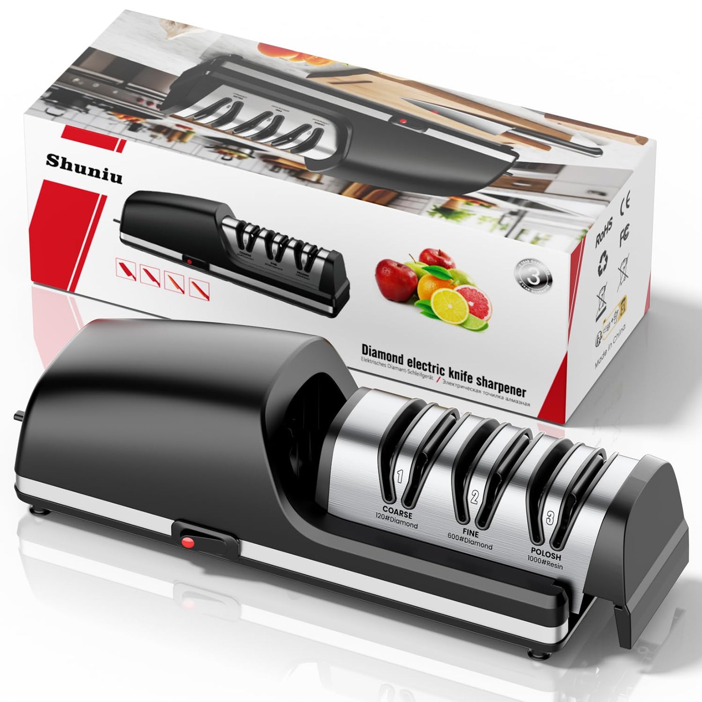 Professional Electric Knife Sharpener, 3-Stage Diamond Abrasive Sharpening System, Replaceable Sharpening Heads, 15° Precision Angle Guide for Kitchen Knives, Quick Blade Repair and Restoration