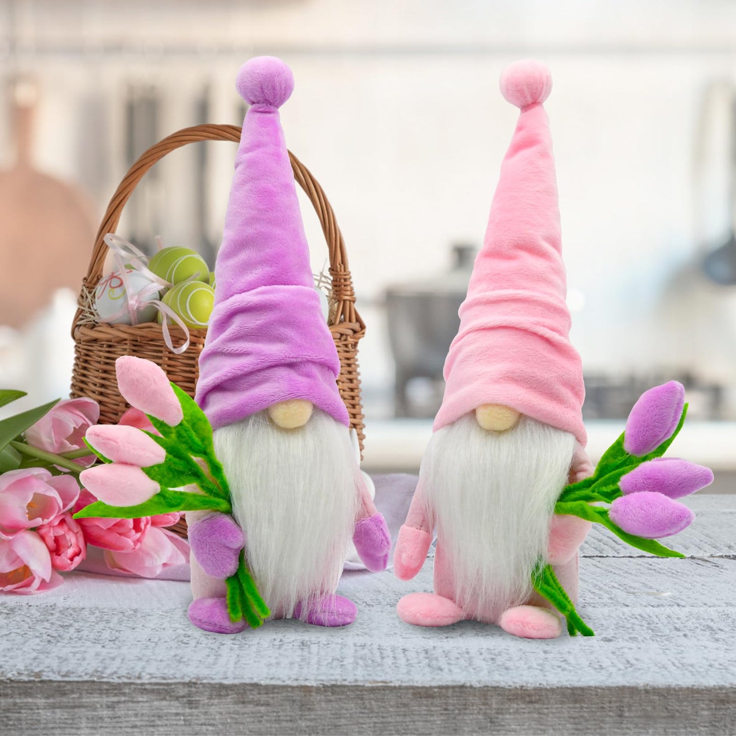 KnomeKo Tulip Gnome Spring Decor, 2Pcs Spring Home Decorations for Farmhouse Table Tiered Tray Decor, Gift Gnomes for Women, Mother