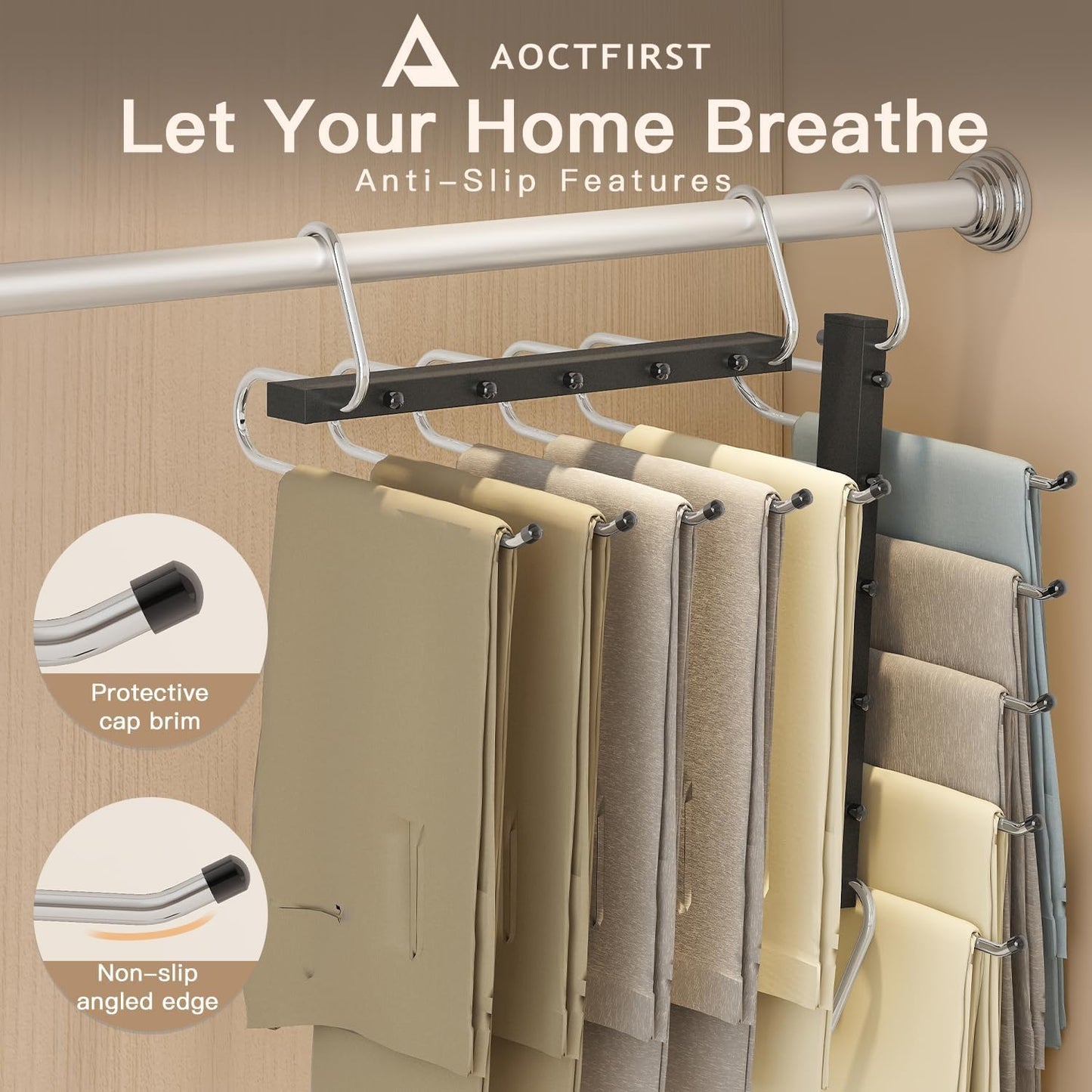 4 Pack Pants Hangers Space Saving - Closet Organizer and Storage Jean Hangers, Stainless Steel Clothes Hanger Scarf Holder for Pants Jeans Leggings Trousers Pant Rack, Black