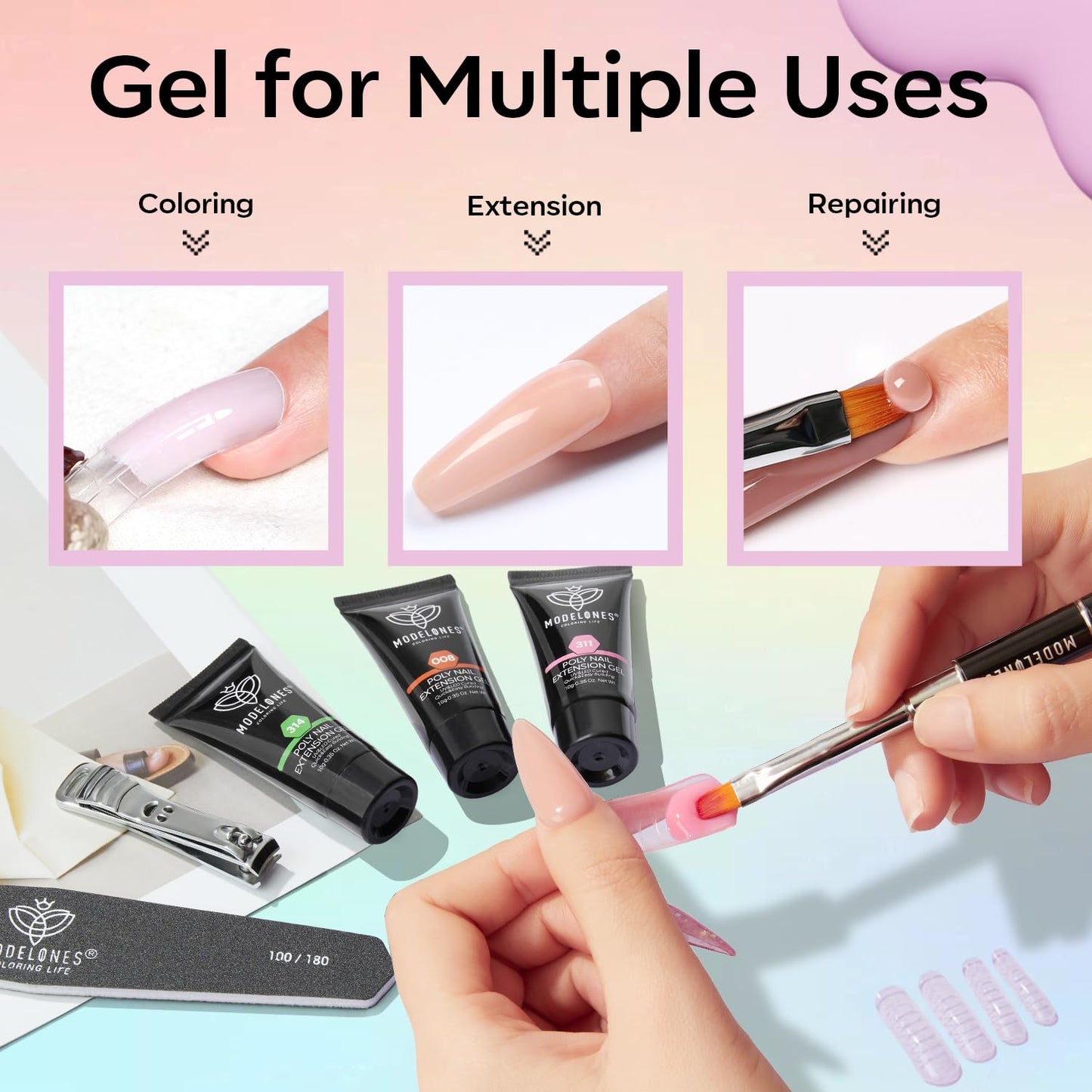 modelones Poly Gel Kit 12 Colors Rainbow Summer Bright Neon Poly Nail Extension Set Candy Red Yellow Builder Nail Gel Art Design Salon Professional Technician Tool Beauty Gifts for Women