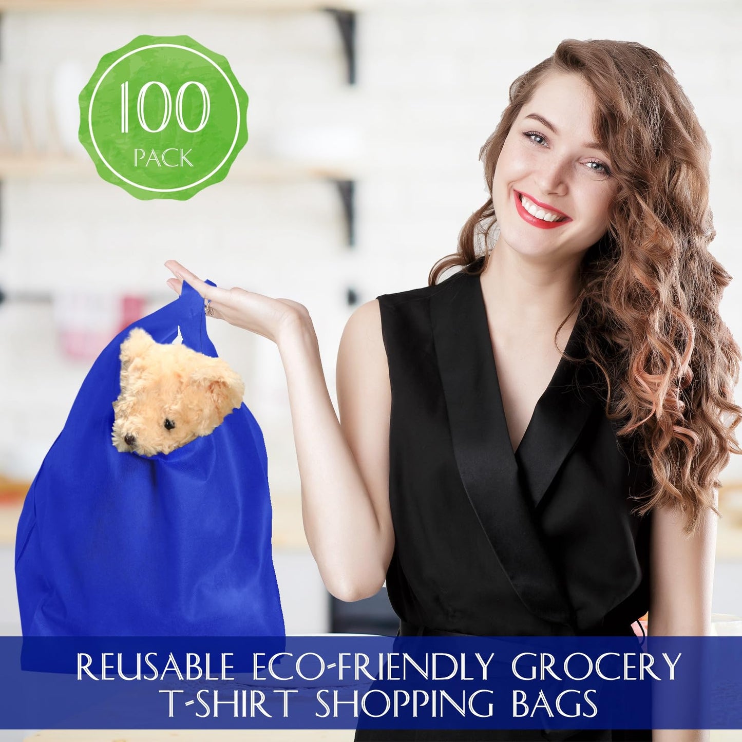 Windyun Large Grocery T-shirt Bags Bulk Reusable Non Woven Shopping Bag Foldable Gift Tote with Handle, 21x11x6 Inch(100 Pcs,Navy Blue)