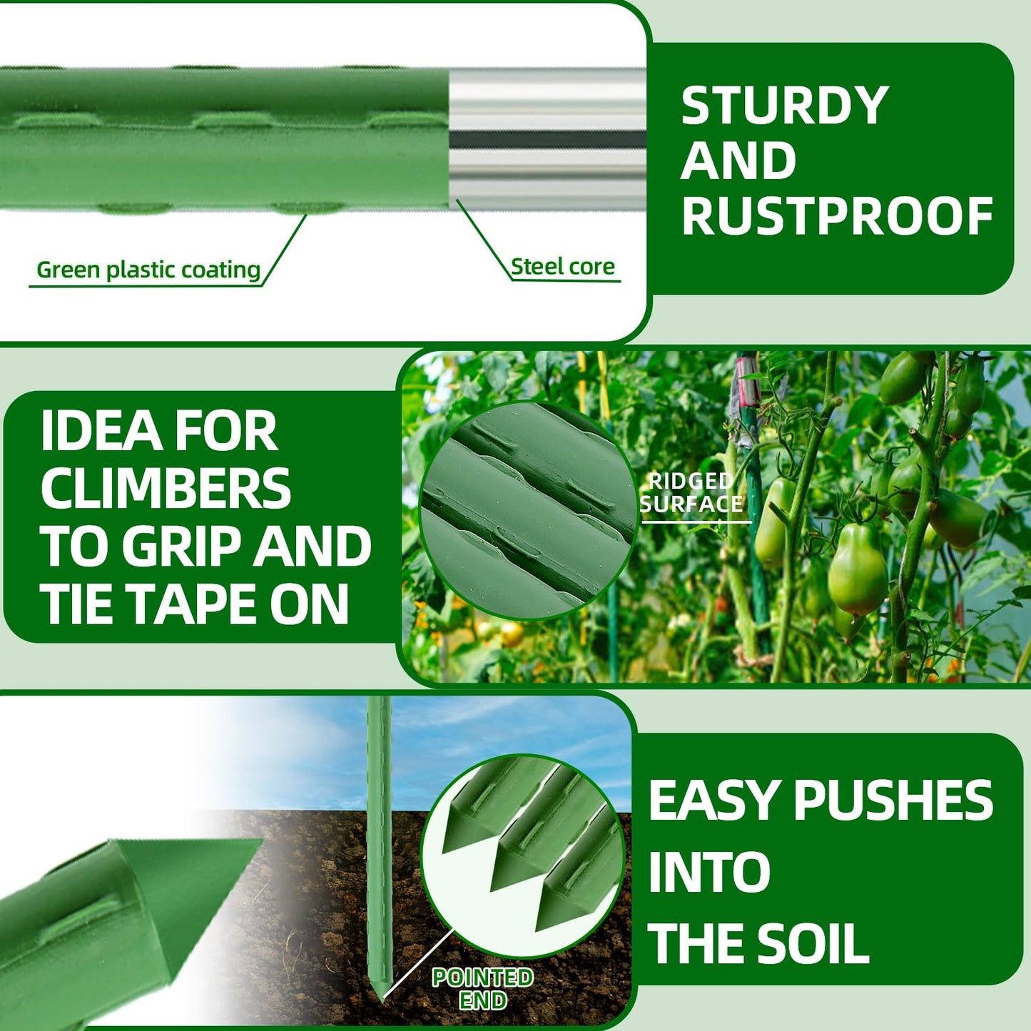 Fabulas Garden Stakes 16 Inch 70 Pack, Diy 4ft 5ft 6ft 7ft 8ft Tomato Stakes Plastic Coated Metal Plant Sticks Stakes Supports with 40 Connectors 30 Rotatable Clips for Indoor Outdoor Plants Vegetable