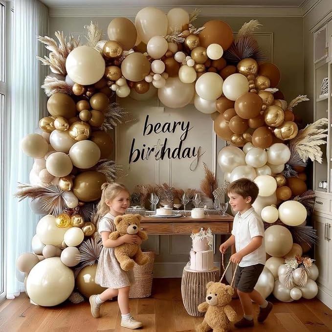 Brown Balloon Garland Kit, Double Stuffed – Coffee, Tan, Apricot, Pearl Sand, Ivory, Beige & Gold Latex Balloons for Boho Baby Shower, Bear & Safari Party