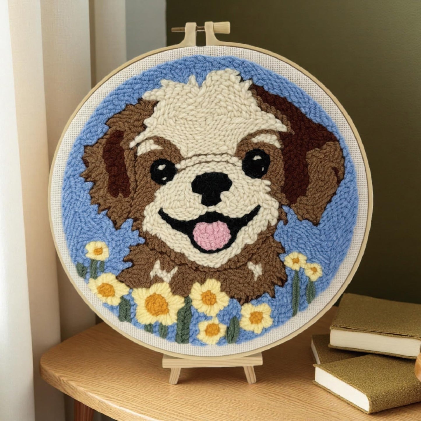 TINKAZ Smiling Dog Punch Needle Kit for Beginners, DIY Embroidery Starter Set with Yarn, Fabric & Hoop, Cute Handmade Needlepoint Craft Kit for Home Décor & Gift
