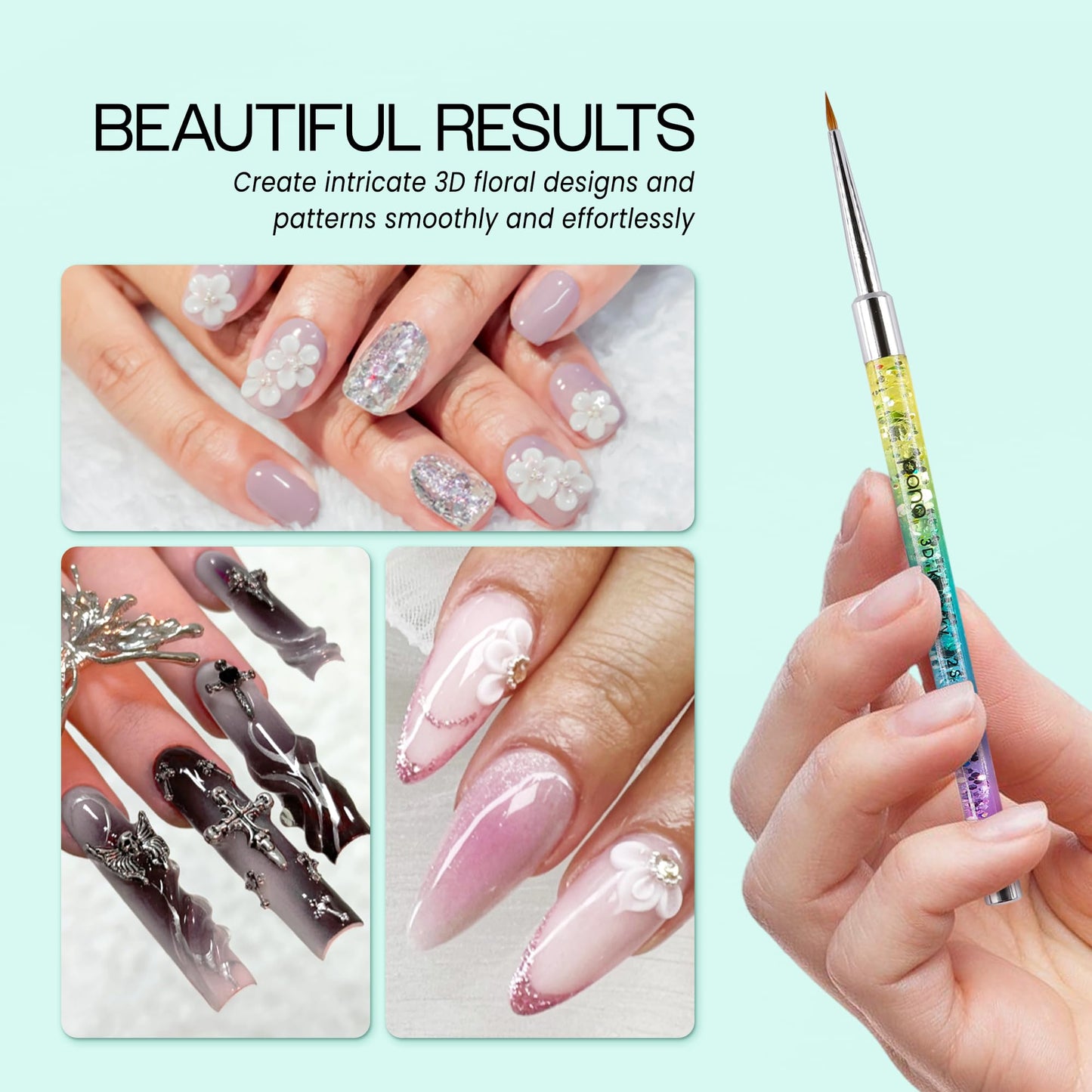 PANA Kolinsky 3D Acrylic Nail Brushes with Liquid Glitter Handle - For Professional Acrylic Powder Liquid Manicure Pedicure (Rainbow Color, Size #2)