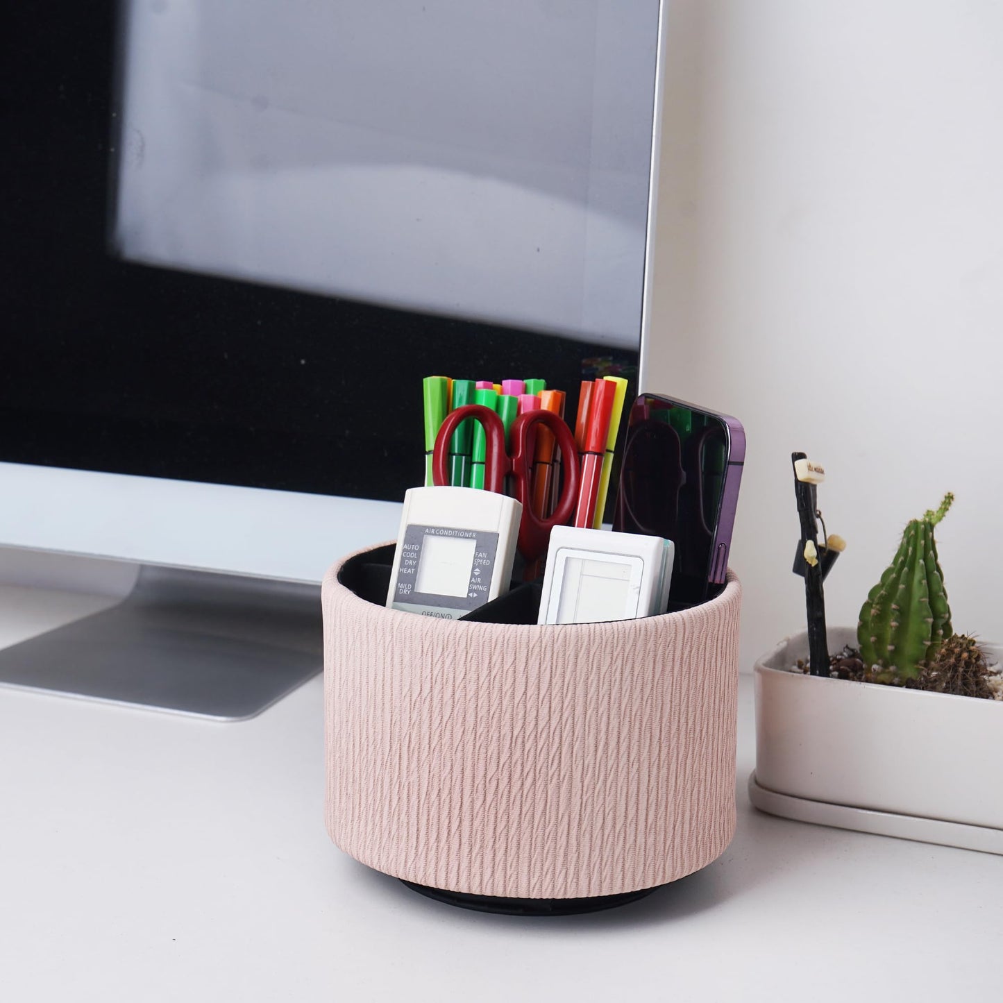 Lvkjafaz Round Leather Art Supply Organizer,Remote Control Holder,360 Degree Spinning,Multi-Functional Pencil Holder,4 Compartments Desktop Stationary Organizer(1-Wood Pink2)