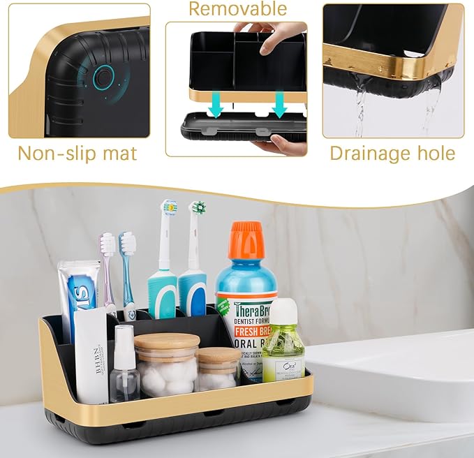 Gold Toothbrush Holders for Bathrooms Countertop Organizer - Detachable 7 Slots Electric Toothbrush and Toothpaste Holder, Kids Organization and Storage, Restroom Accessories Vanity Stuff
