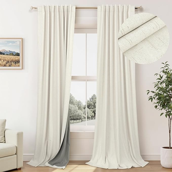 Neutral Blackout Curtains 132 Inches Long Elegant Villa Cottage Cabin 12 Foot ft Tall Linen Textured Room Darkening Curtain for Sliding Door 2 Panels Privacy Room Divider Drapes for Living Room Cream