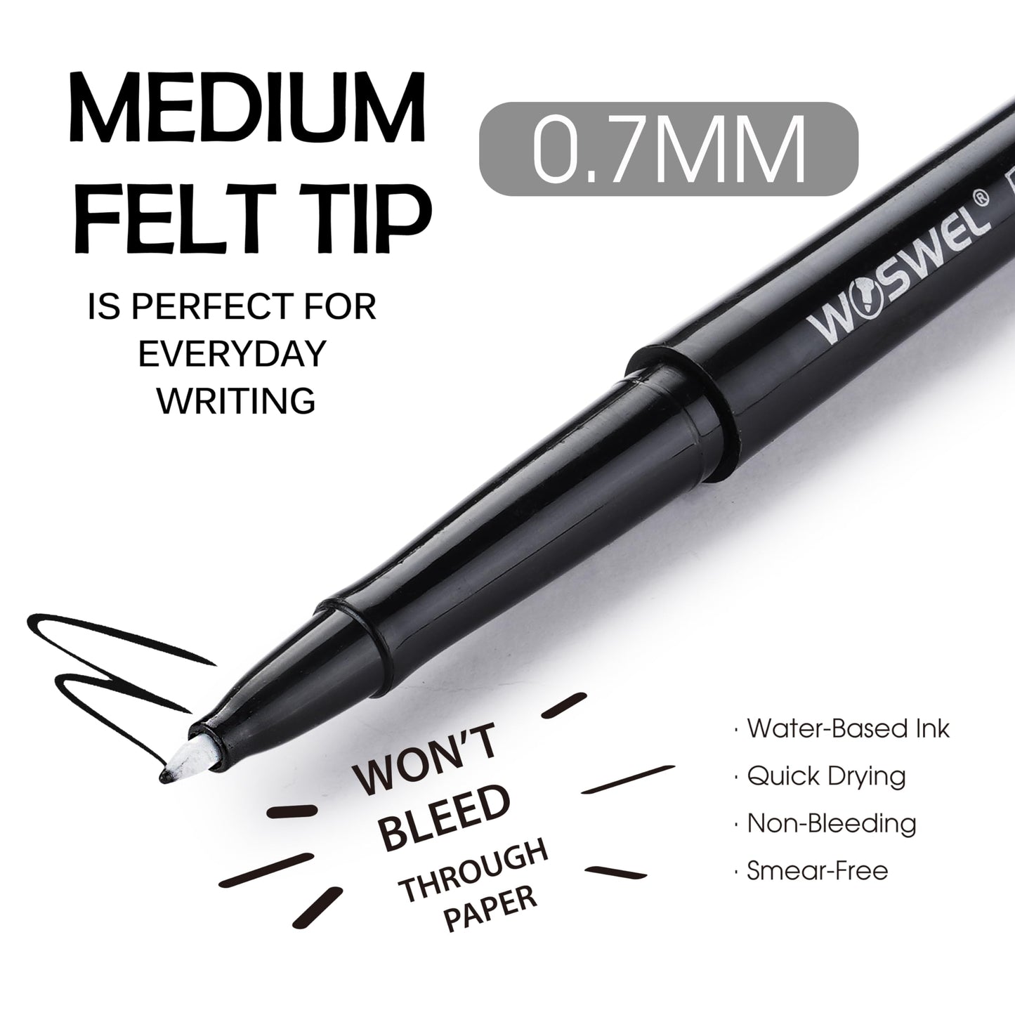 WOSWEL Black Felt Tip Pens, 32 Black Pens, 0.7mm Medium Point Felt Tip Markers Pens for Journaling, Note Taking, Planner, Writing,Drawing.Perfect for Art Office and School Supplies