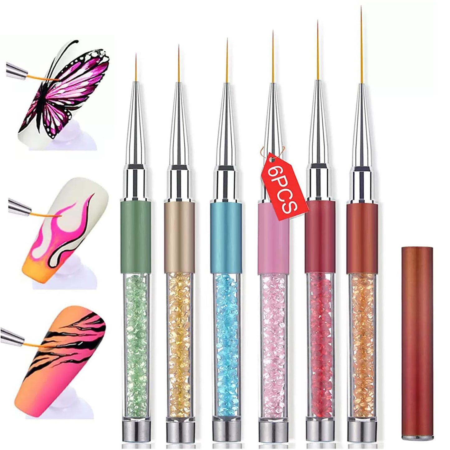 6Pcs Rhinestone Handle Ultra-Fine Nail Liner Brush Set - Professional Striping Brushes for Intricate Nail Art, Multi-Color Crystal Handle Gel Polish Liner Brushes for Salon & DIY Manicure Detailing
