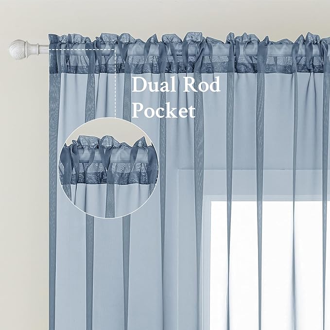 MIULEE Dusty Blue Sheer Curtains 84 Inches Long 2 Panels, Light Filtering Voile Drapes with Rod Pocket for Bedroom and Living Room Windows