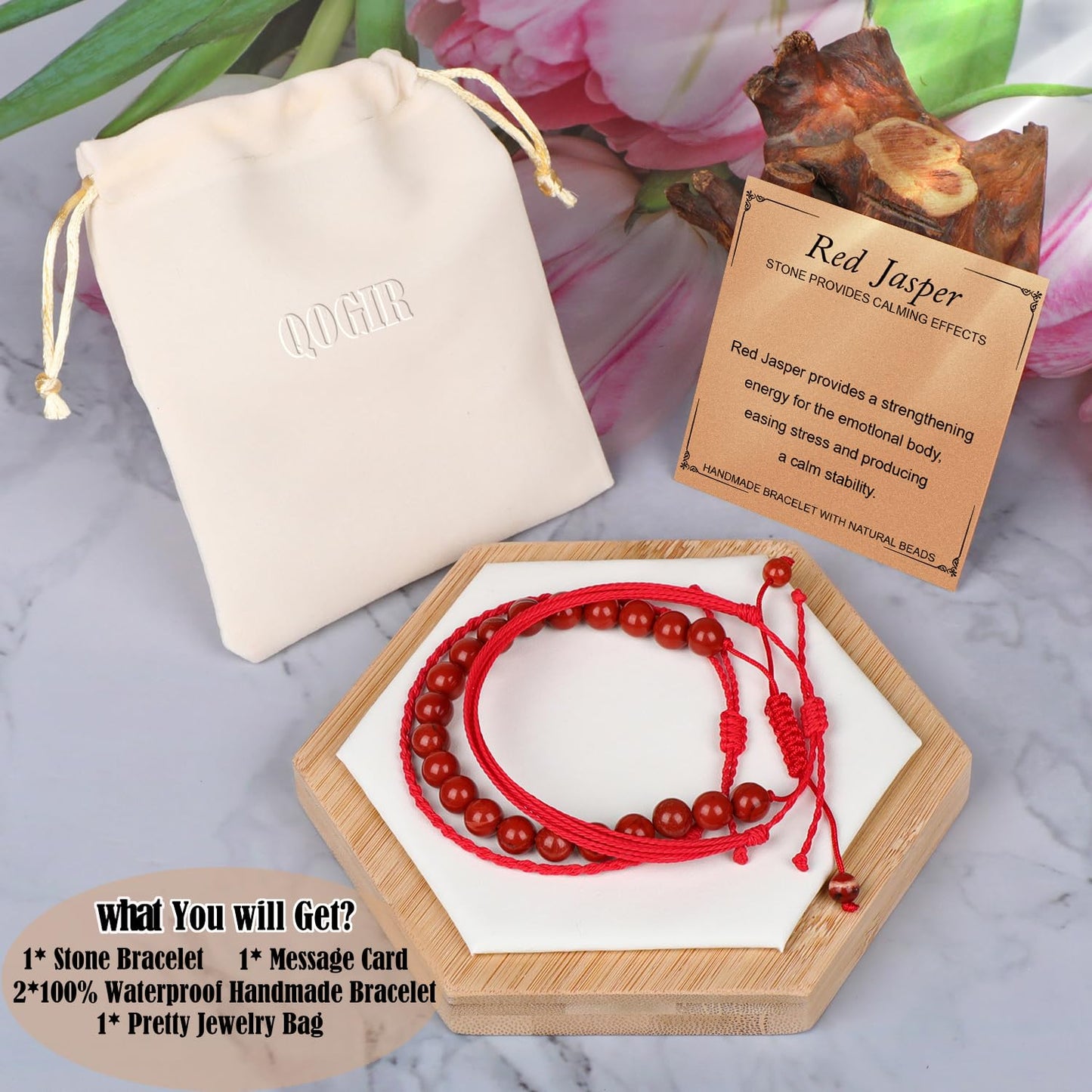QOGIR Handmade Healing Bracelet,8mm Natural Red Jasper Gem Stone Beads Bracelet Gifts for Men Women with 2PCS Size Adjustable Rope Bracelets