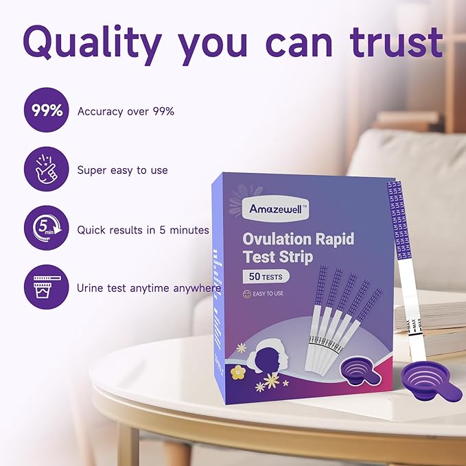 Ovulation Tests, Ovulation Test Strips for Women,50 Count Amazewell Ovulation Predictor Kit, Accurate Fertility Tests for Home, Individually Wrapped 5mm LH Strips with Cups