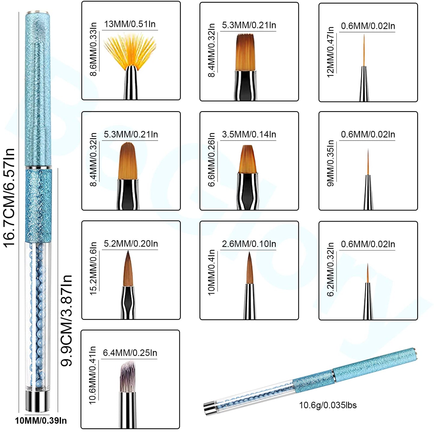 10PCS Acrylic Nail Art Brushes Set Manicure Tools Nail Art DIY Design Brush for Acrylic Application Pedicure Round Nail Art Brush for Acrylic Powder Nail Extension Nail Professional