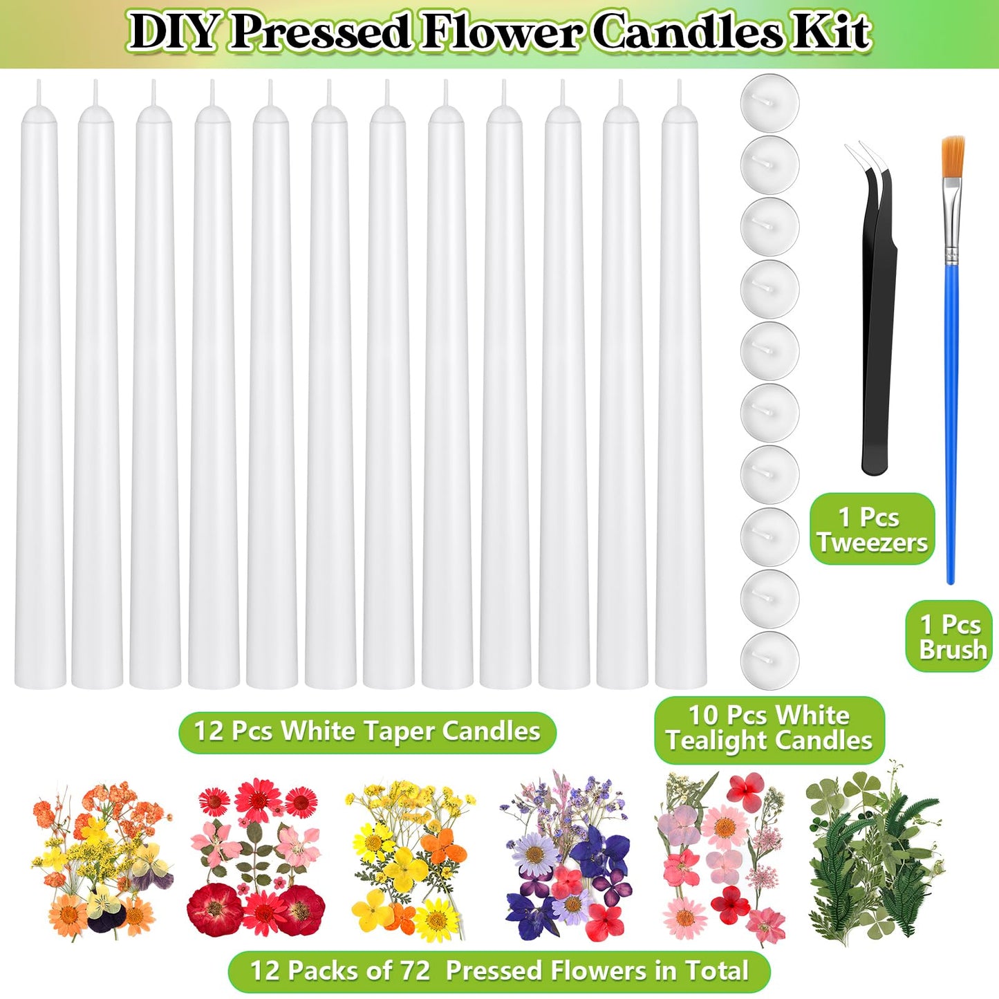 MTLEE 30 Pack Pressed Flower Candles Making Kit 6 Set Dried Pressed Flowers 12 White Taper 10 White Tealight Candles with Tweezers Brush for DIY Crafts Birthday Wedding Party Favors