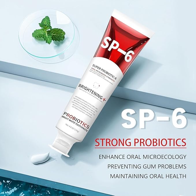 SP-6 Probiotic Whitening Toothpaste, Enhanced Formula with 6 Probiotics for Teeth Whitening and Gum Health, Enamel-Safe, Fluoride-Free, Fresh Mint Flavor, 4.6oz (2)