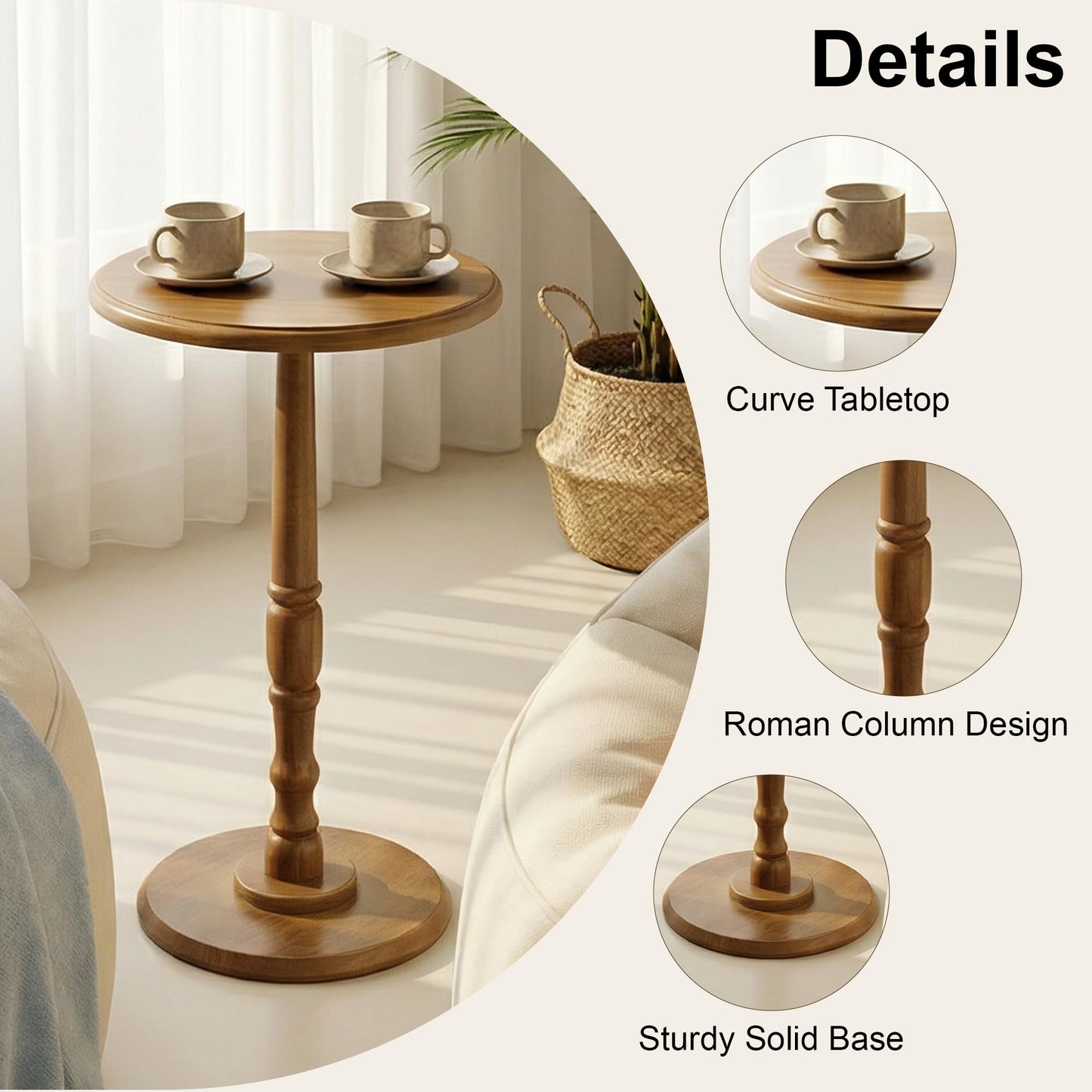 Small Side Table Living Room, Brown Round Corner Table for Small Spaces Set of 2, Coffee Table with Solid Wood Pedestal Accent for Living Room, Corners, Bedroom, Bean Bag, Sofa Couch