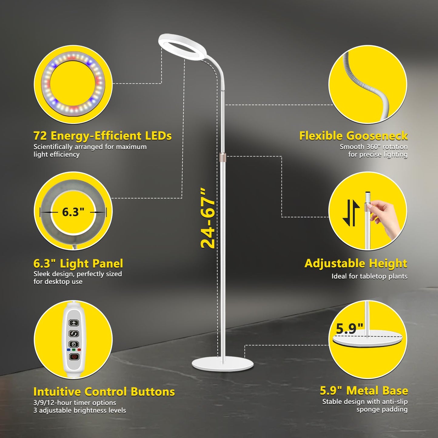 Floor Grow Lights for Indoor Full Spectrum Plant Lighting with Adjustable 67" Stand for Growing Large Tall Plants 3/9/12H Timer,3 Light Modes, 10 Dimming