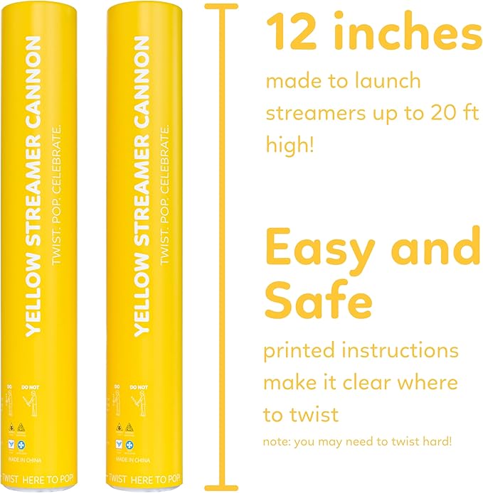 2 Pack Streamer Cannon Confetti Poppers | Biodegradable Yellow Confetti | TUR Party Supplies | Launches Up to 25ft | Giant (12 in) | Party Poppers for Graduation, Birthdays, Weddings, and Memorial Day