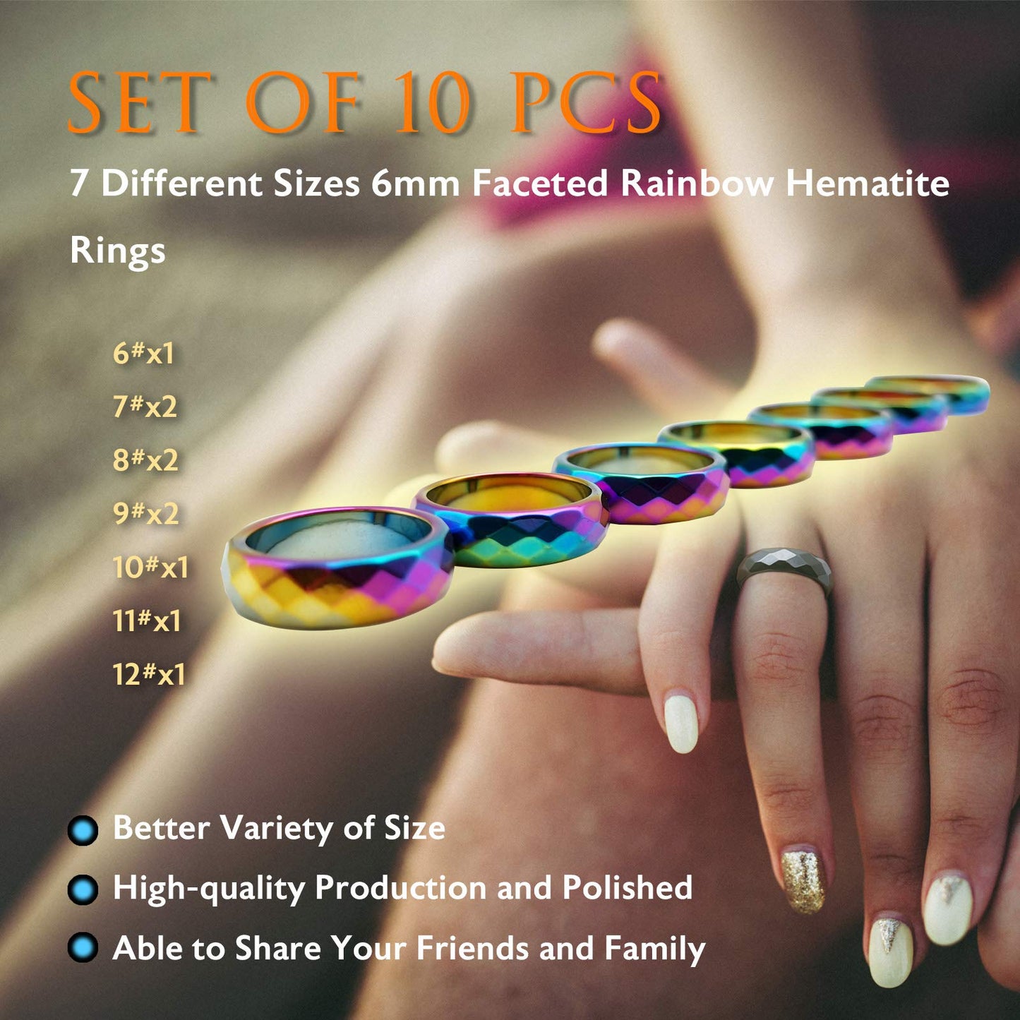Morchic 10Pcs Pack Rainbow Hematite Stone Rings for Women & Men, Unisex Faceted Set (6mm Width) - Mixed Sizes 6-12, Chakra Balancing, Polished Gemstone, Gift Ready