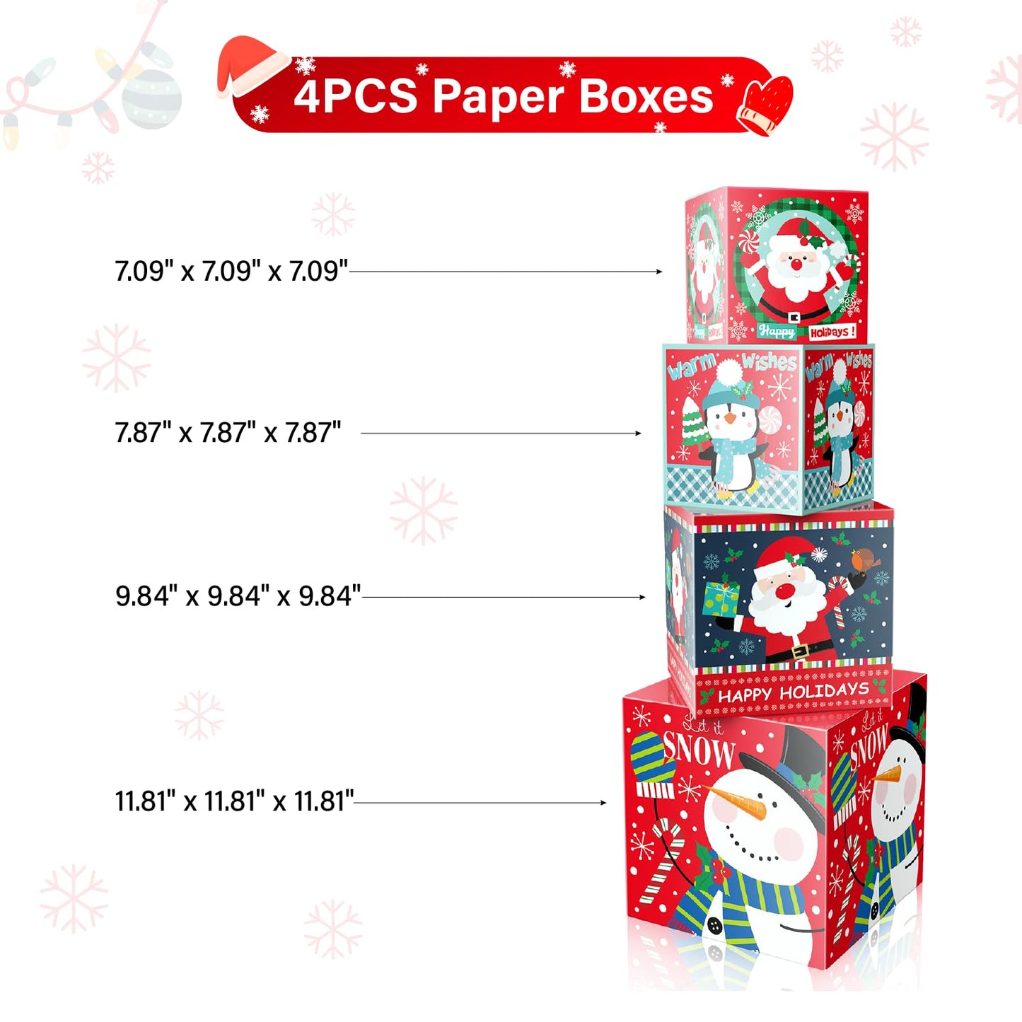 Linelglobal Christmas Gift Box with Lid - 4-Pack Stackable Square Decorative Box Set Assortment - Red