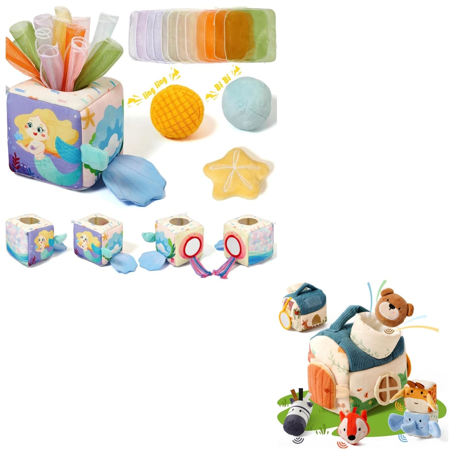 Youuys Sensory Toys 2 Sets, Baby Tissue Box Toy & Soft Stuffed Animal Set