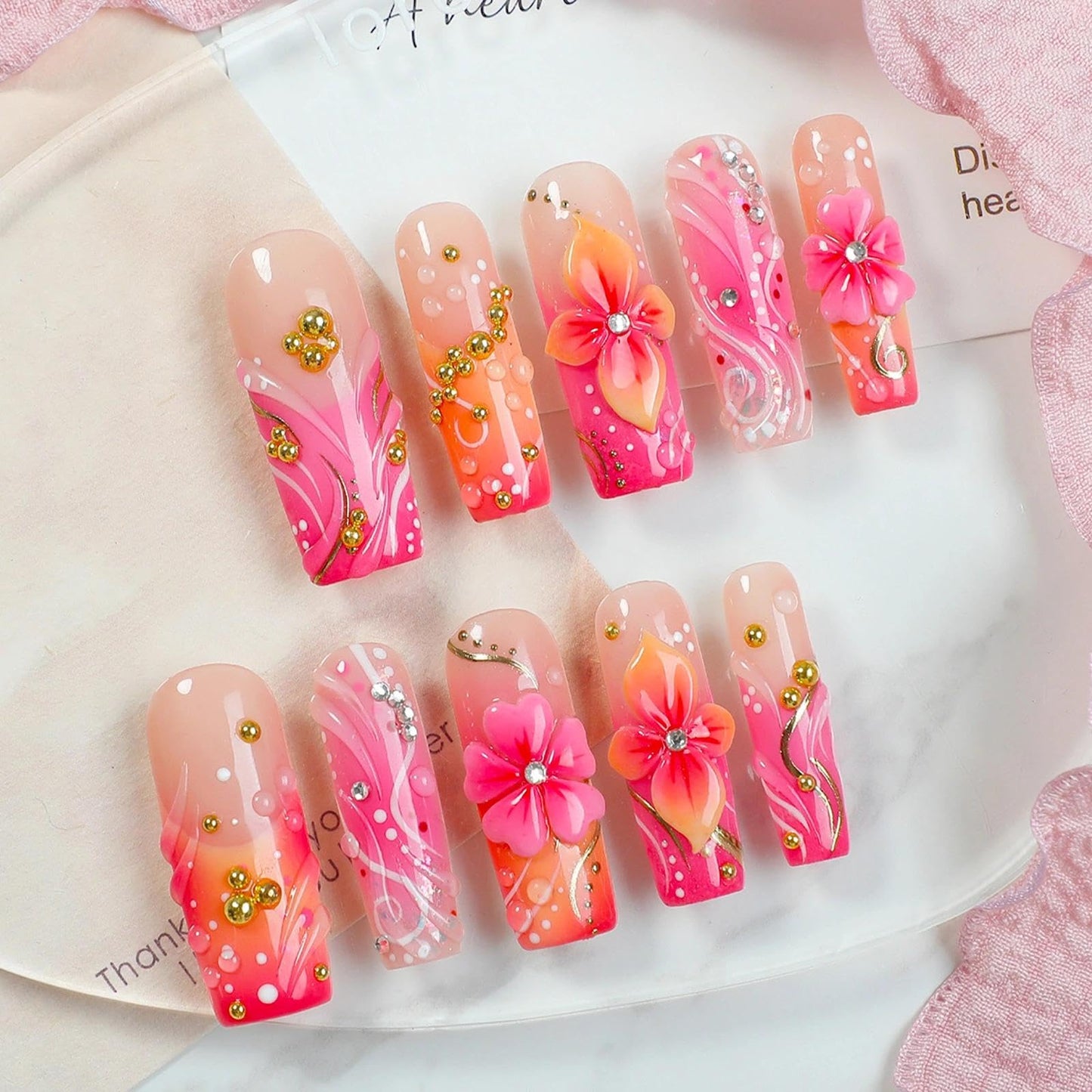 Handmade 3D Floral Square Press On Nails, Pink Gradient Luxury Artisan Nails Set, Reusable Glossy Press-ons with Tool Kit (S)