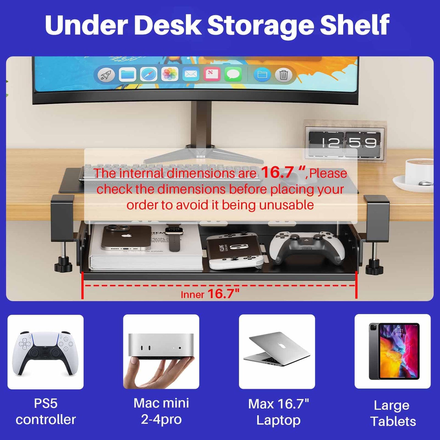 No Drill Under Desk Laptop Mount, Metal Under Desk Storage Shelf with Cable Management, Laptop Storage Tray for MacBook, Keyboard, Mac Mini, Anti-Scratch Silicone, Fits Office, Gaming, Workstations