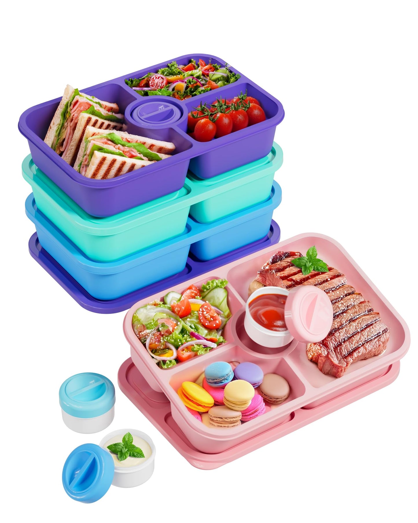 Canfanni 4 Pcs Bento Snack Box Containers, 4 Compartment Divided Stackable Food Storage Containers with Lids, Meal Prep Lunch Container with Sauce Cups