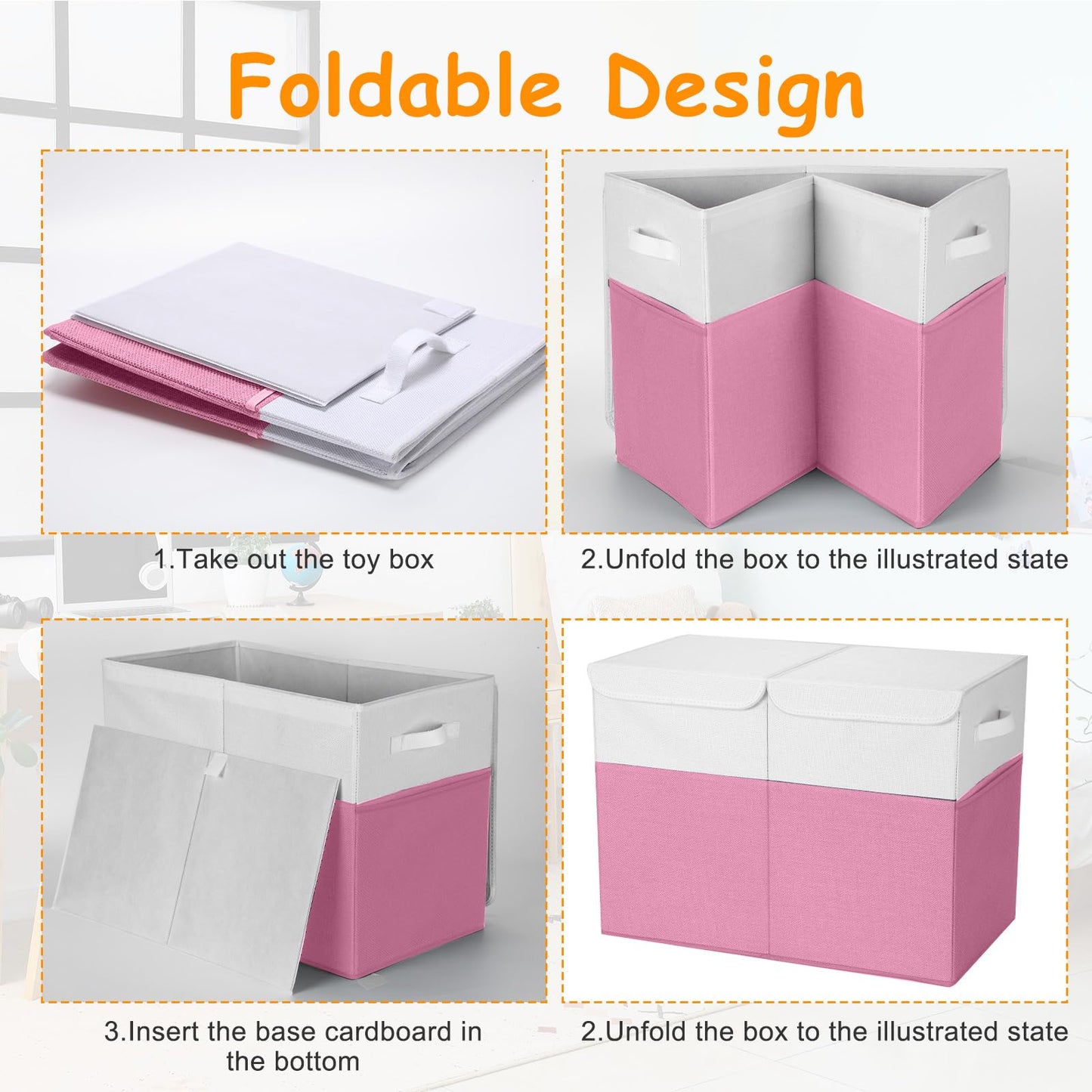 Fiwochic 3 Pack Large Storage Bins Set 23" Toy Chest Storage with Lids and 11" Cubes Organizer Bins for Kids Bedroom Closet Shelf Organizer for Clothes Blankets Nursery Playroom(Pink White)