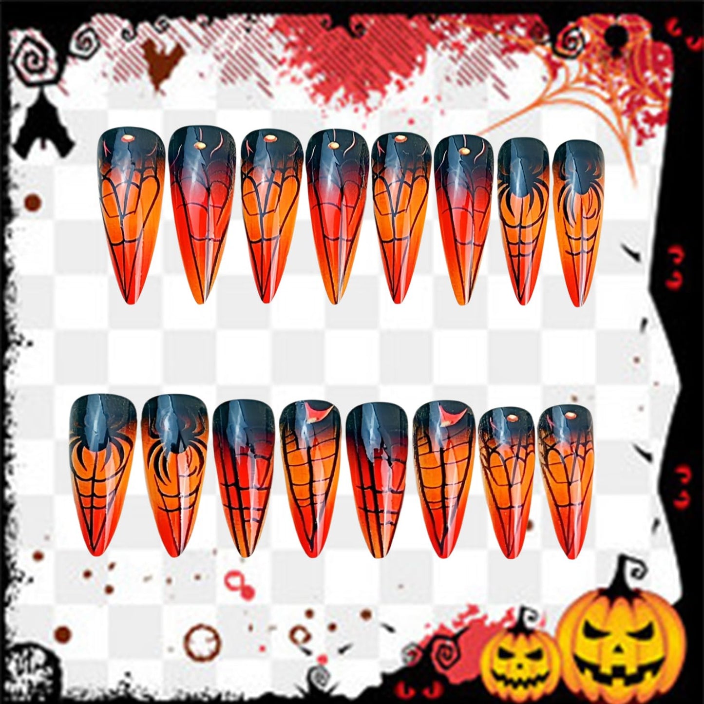 24Pcs Almond Tip Halloween Spider Press on Nails Extra Long Spider Web Design Halloween Nail Full Cover Glossy Artificial Acrylic False Nail French Tip Long Glue on Nails for Women Festival Decoration