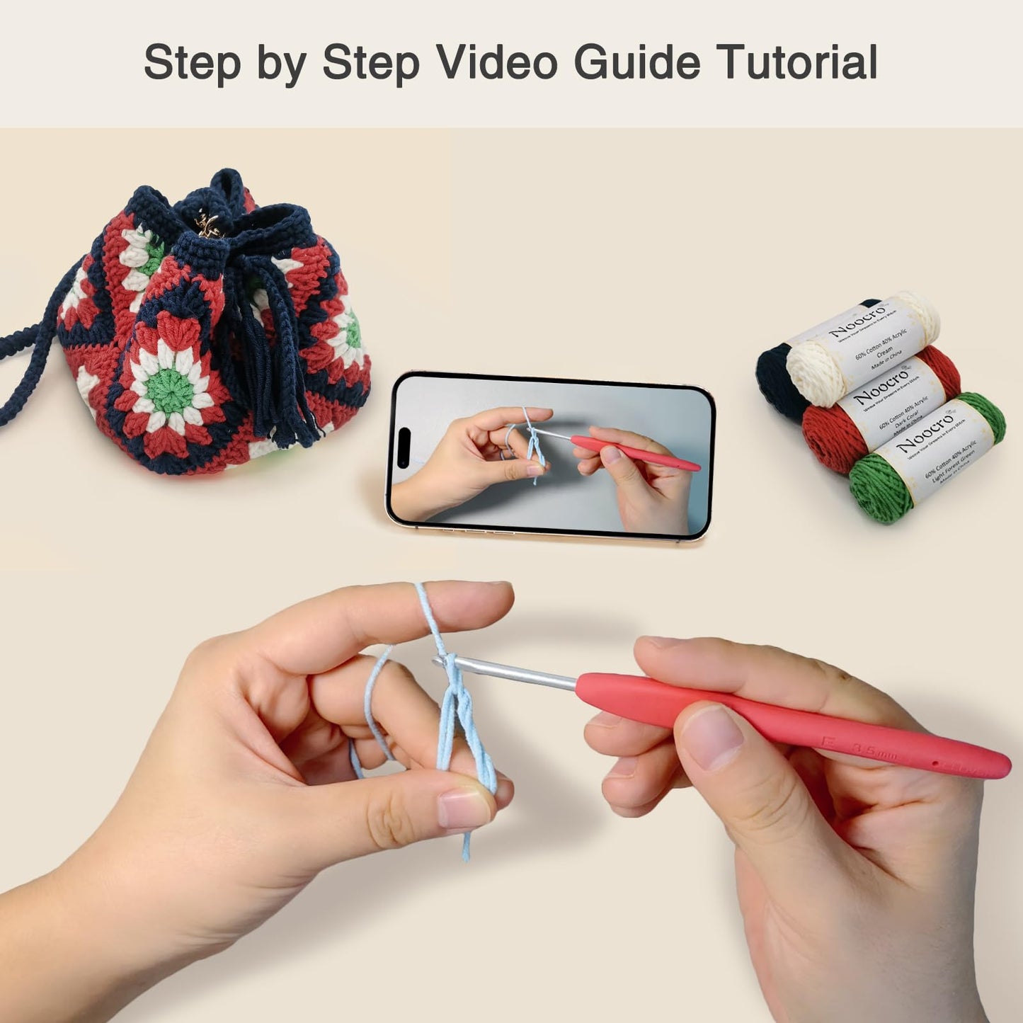Noocro Crochet Kit Granny Square Shumai Bag, Purse, Complete DIY Kit, Detailed Instructions, Video Tutorials, for Beginners or Intermediate and Advanced Crocheters (Roma Rose)