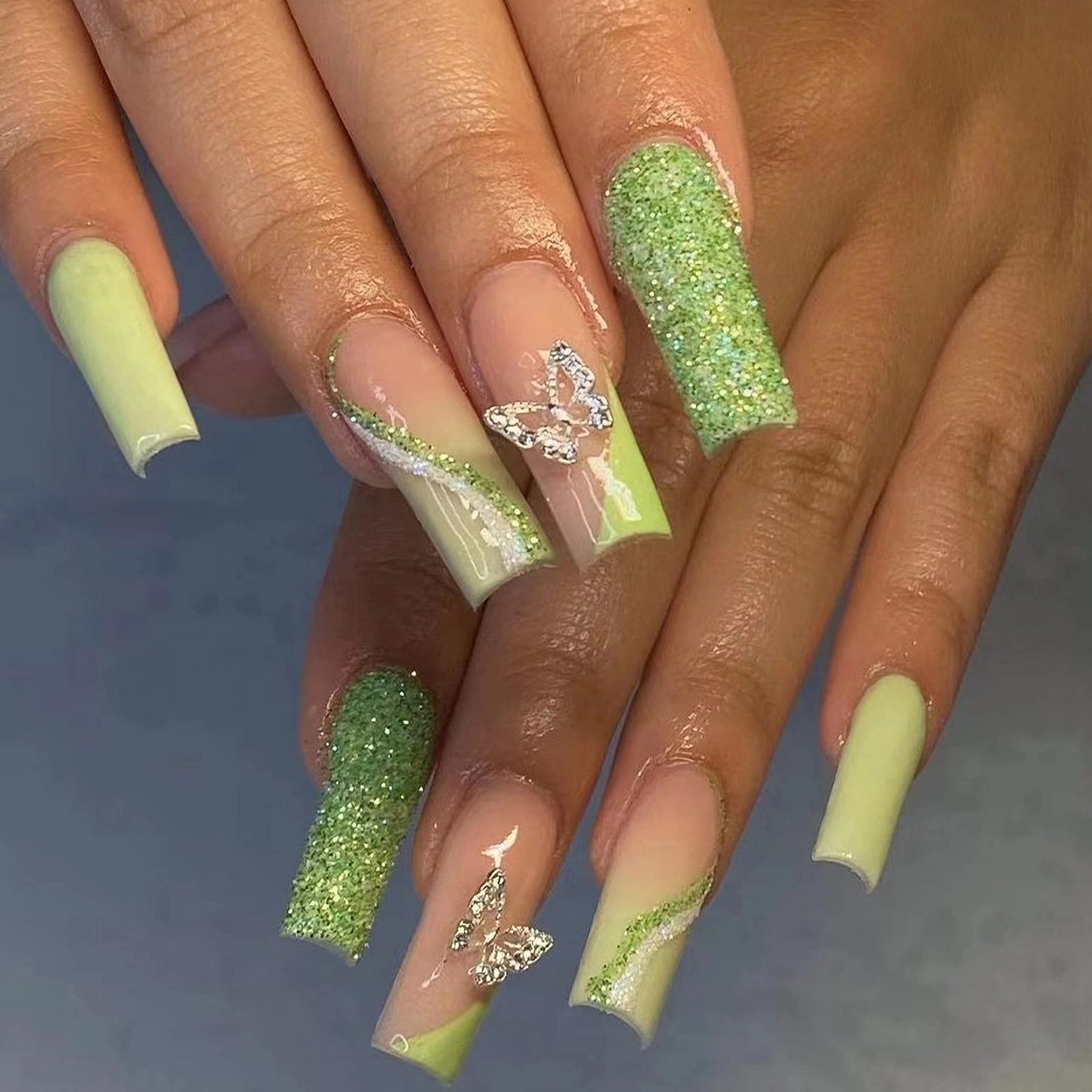 MISUD Press on Nails - Long Coffin Glue on Nails with Green, Acrylic Butterfly Rhinestone Design 24 pcs