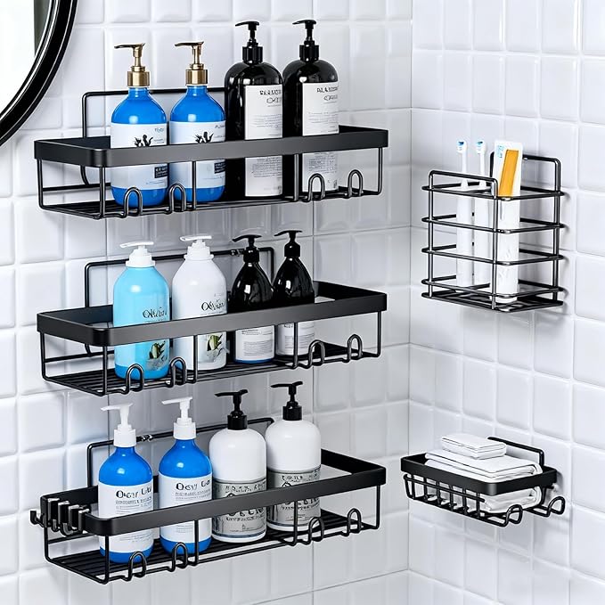 Adhesive Shower Caddy, 5-Pack Shower Caddy Hanging Bathroom Storage Organization, No Drilling Shelves with Soap Caddy & Toothbrush Wall-Mounted Shower Holder, Rustproof Bathroom Shelves