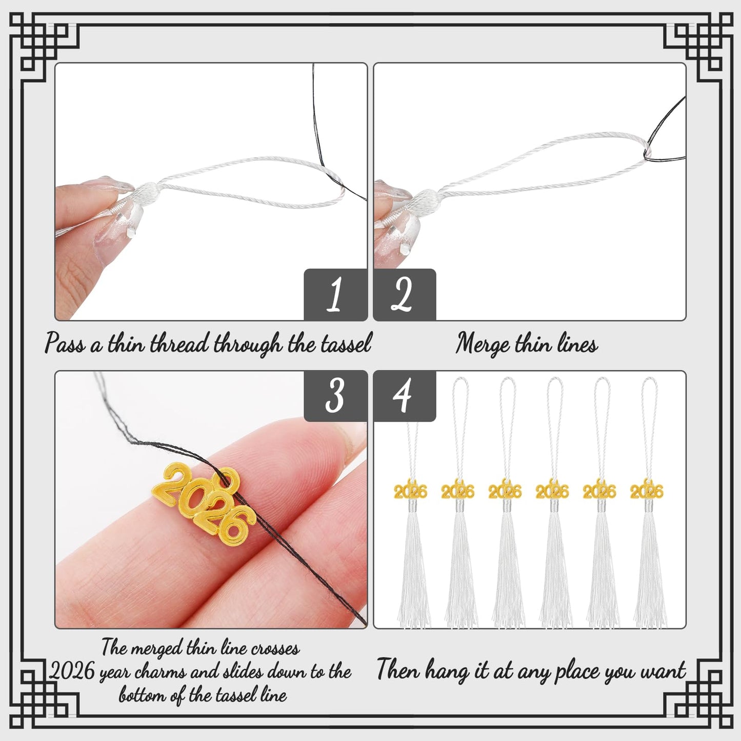Cindeer 100 Pcs Mini Graduation Tassels with 100 Pcs 2026 Tassel Charms for Crafts Mini Silky Bookmark for Graduation Cap Keychain Ornaments DIY Craft Jewelry Making Project(White)
