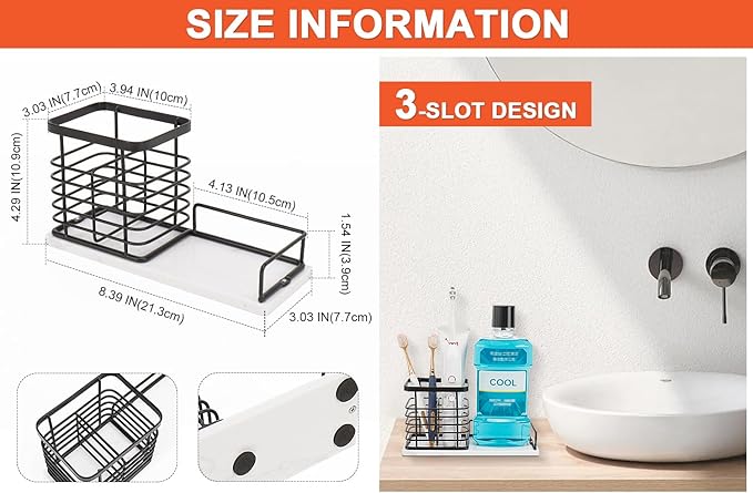 HarJue Toothbrush Holder, Luxurious Metal Toothbrush Toothpaste Holder with Marble Base for Bathroom, Multi-Slots Openwork Design, Bathroom Accessory for Storage and Organizer (Large, Matte Black)