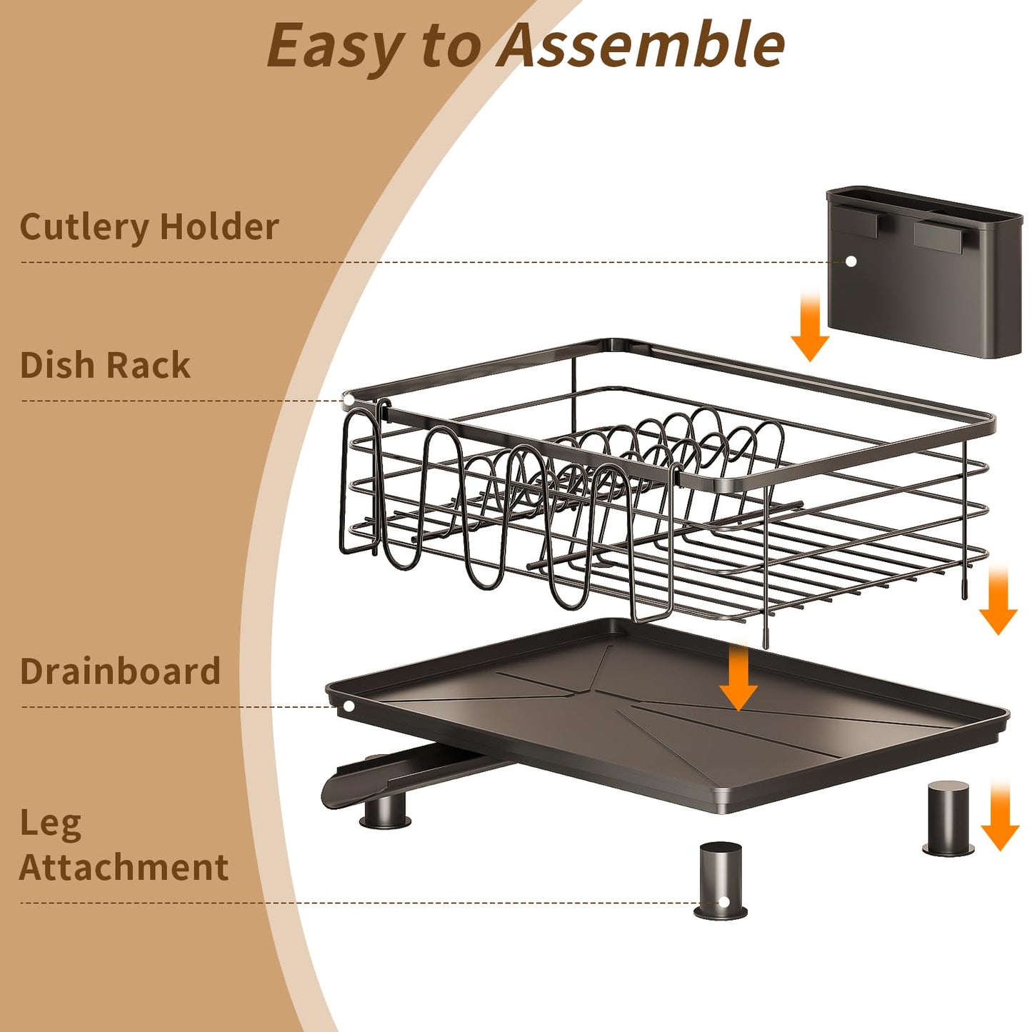 PureBox Dish Drying Rack with 2 Utensil Holders, Rustproof Metal Kitchen Counter Organizer with Cup Holder & Drain Board, Large Capacity Dish Rack for Sink, Black
