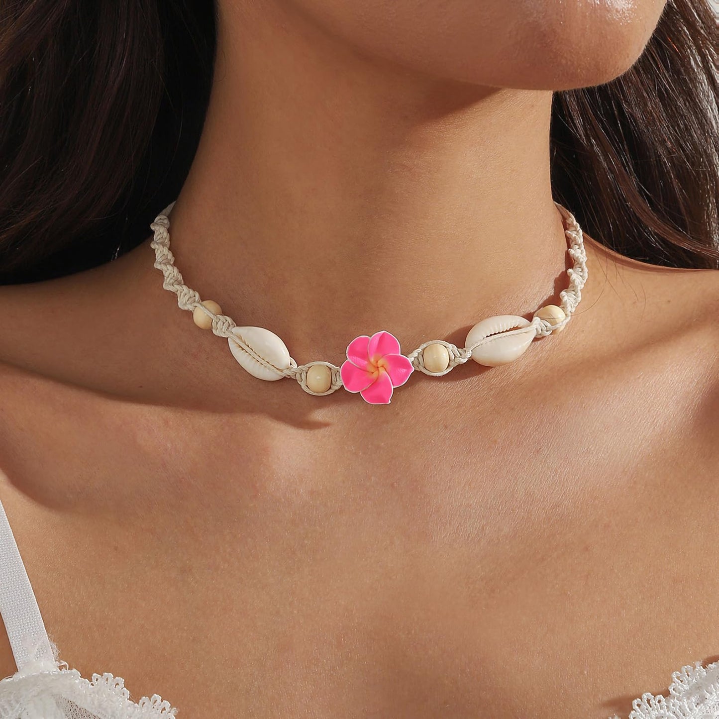 Nackiy Handmade Sea Shell Necklace Choker For Women Summer Adjustable Natural Shell Collar Necklace (Pink Flower)