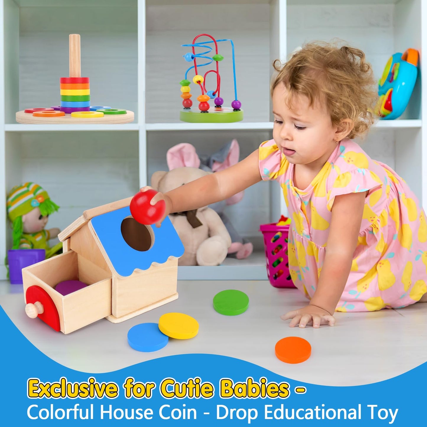 KMTJT Montessori Educational Toys for 1+ Year Old Toddler, 1st First Birthday Gifts for 1-2 Years, Includes Stacking Cups, 2 in 1 Object Permanence Box, Bead Maze, Mirror Puzzle and More