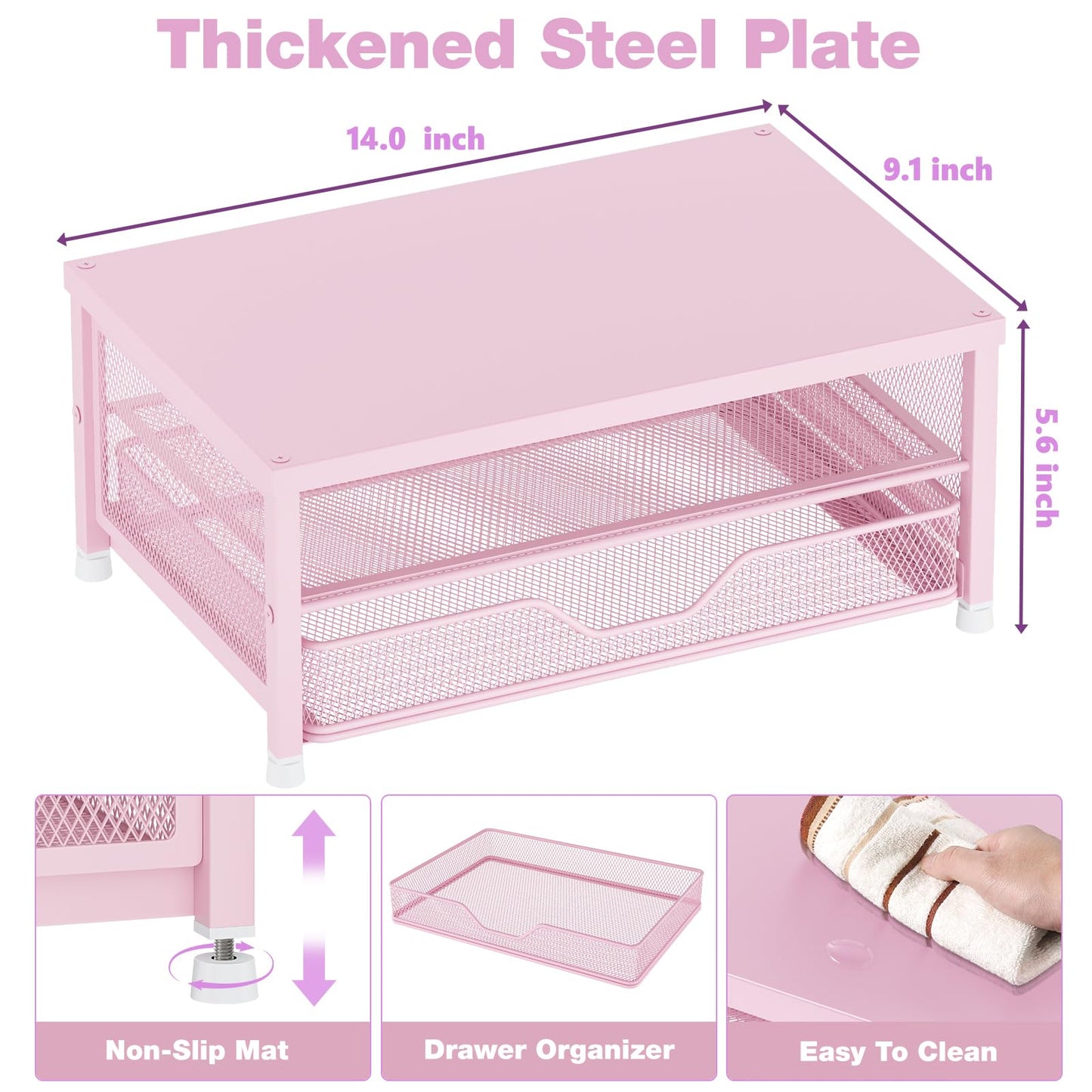 OPNICE Computer Monitor Stand Riser, Desk Organizer with Drawer, Printer & Laptop Stand, Office Desk Accessories & Workspace Desktop Organizers Storage for Office Supplies(Pink)