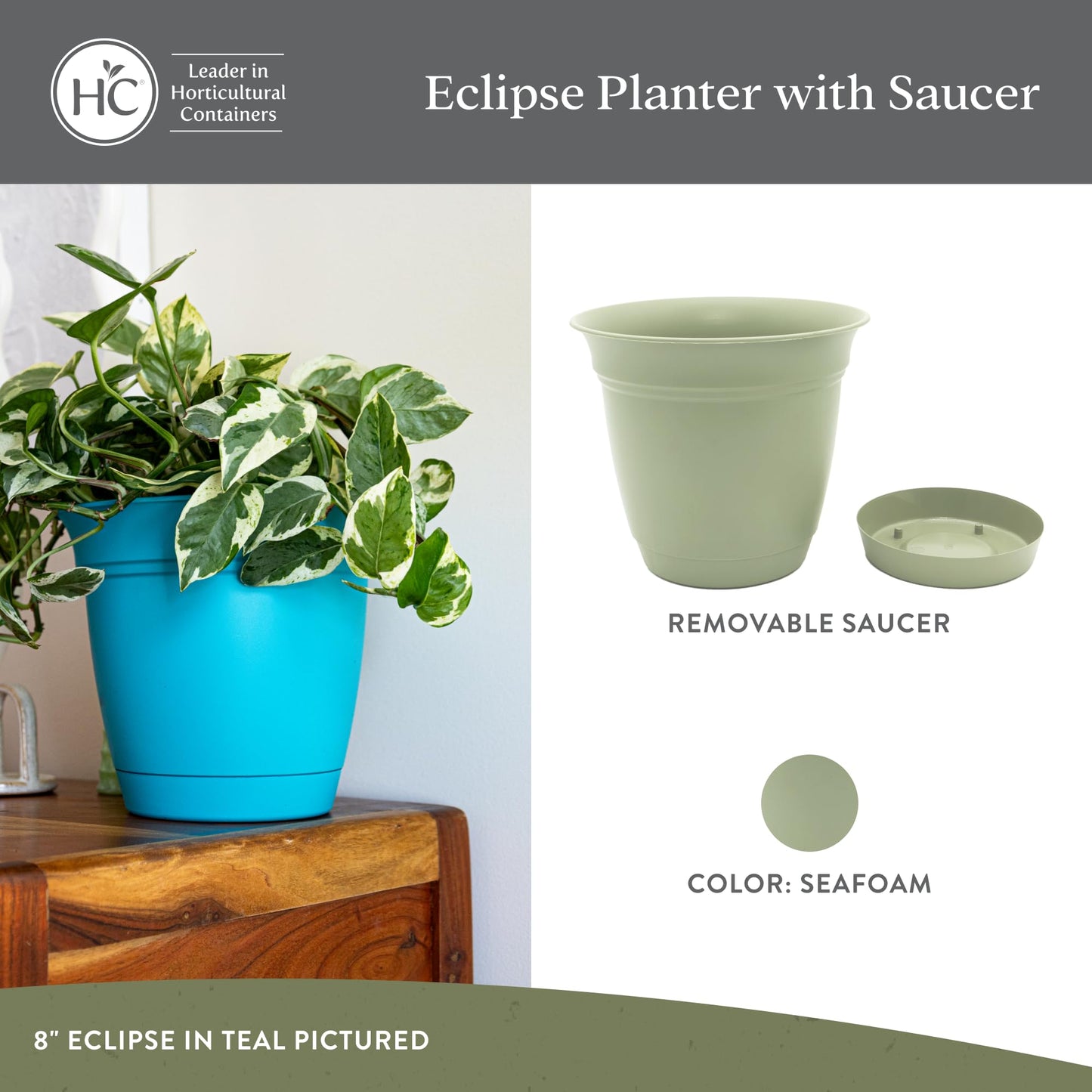 The HC Companies 6 Inch Eclipse Round Planter Pots with Drainage Holes & Attached Saucer, Lightweight UV-Resistant Plastic Indoor Outdoor Planters, 4-Pack Flower Pots for Garden & Home Decor, Seafoam