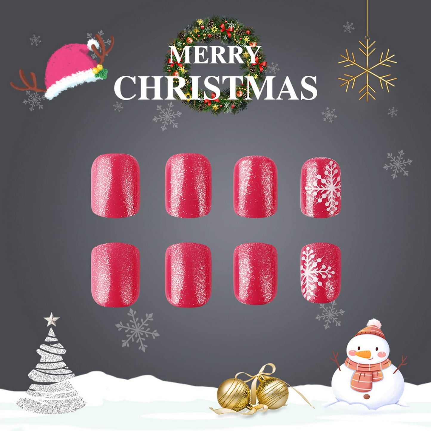 Christmas Press on Nails Short Square Fake Nails Red Silvery with Snowflake designs Christmas False Nails Glossy Full Cover Winter Xmas Stick on Nails Glitter Glue on Nails for Women Girls 24pcs