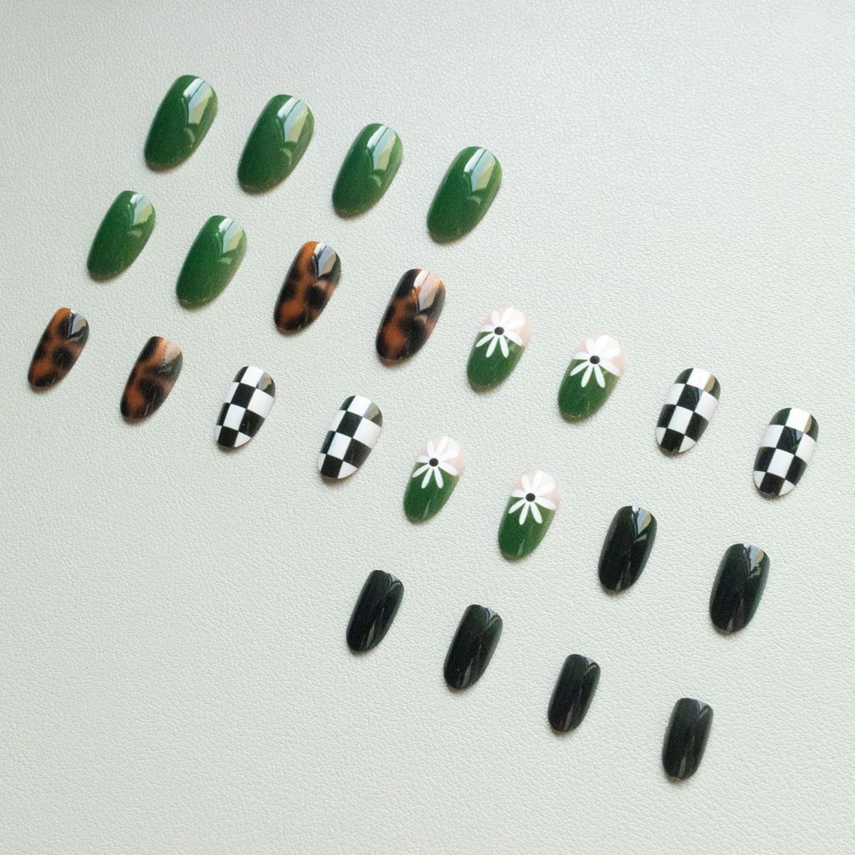 Spring Press on Nails Medium Oval Fake Nails Tortoiseshell False Nails Press ons with Flower, Checkered Design,Cute Reusable Artificial Nail Full Cover Stick on Nails for Women Manicure 24Pcs
