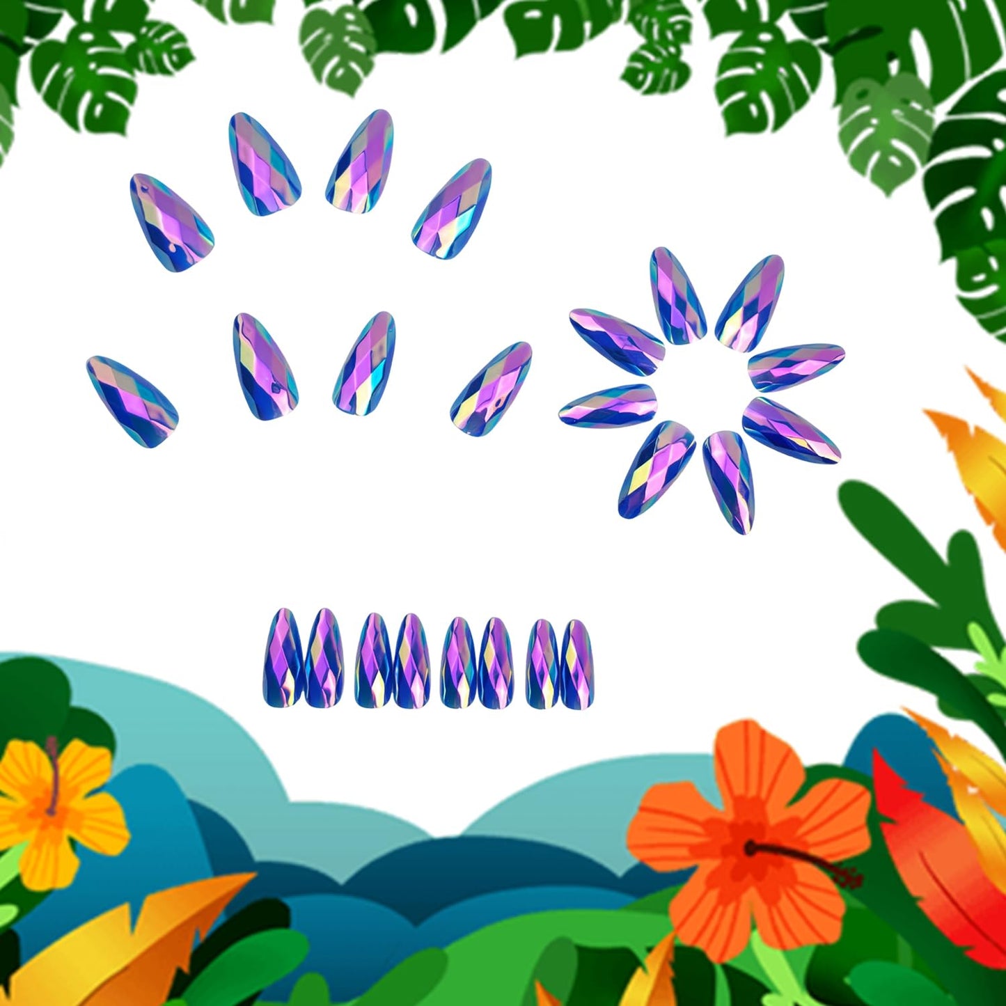 Dark Blue Press on Nails Medium Almond Artificial Acrylic Fingernails 3D Reusable Rainbow Gradient Diamond-Shaped Electroplating Design Full Cover Glossy Glue on Artificial Nail for Women Manicure