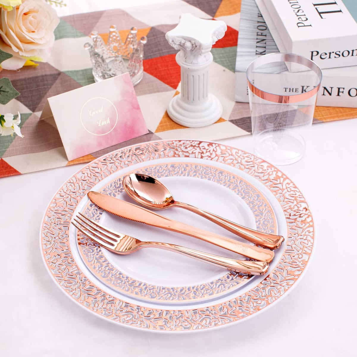 WELLIFE 175 Pieces Rose Gold Plastic Dinnerware,Rose Gold Dinnerware Set Include: 25 Dinner Plates 10.25", 25 Salad Plates 7.5", 25 Cups, 50 Forks, 25 Knives and 25 Spoons for Party