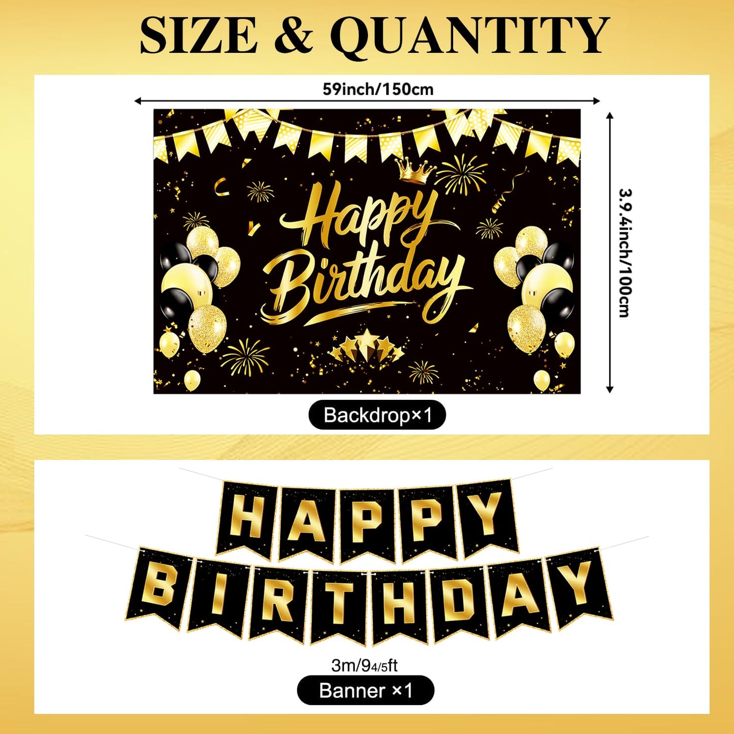 Black Gold Birthday Decorations for Men Women, Pre-Strung Happy Birthday Banner with Backdrop, Balloons,Honeycomb Centerpieces & Streamers Kit