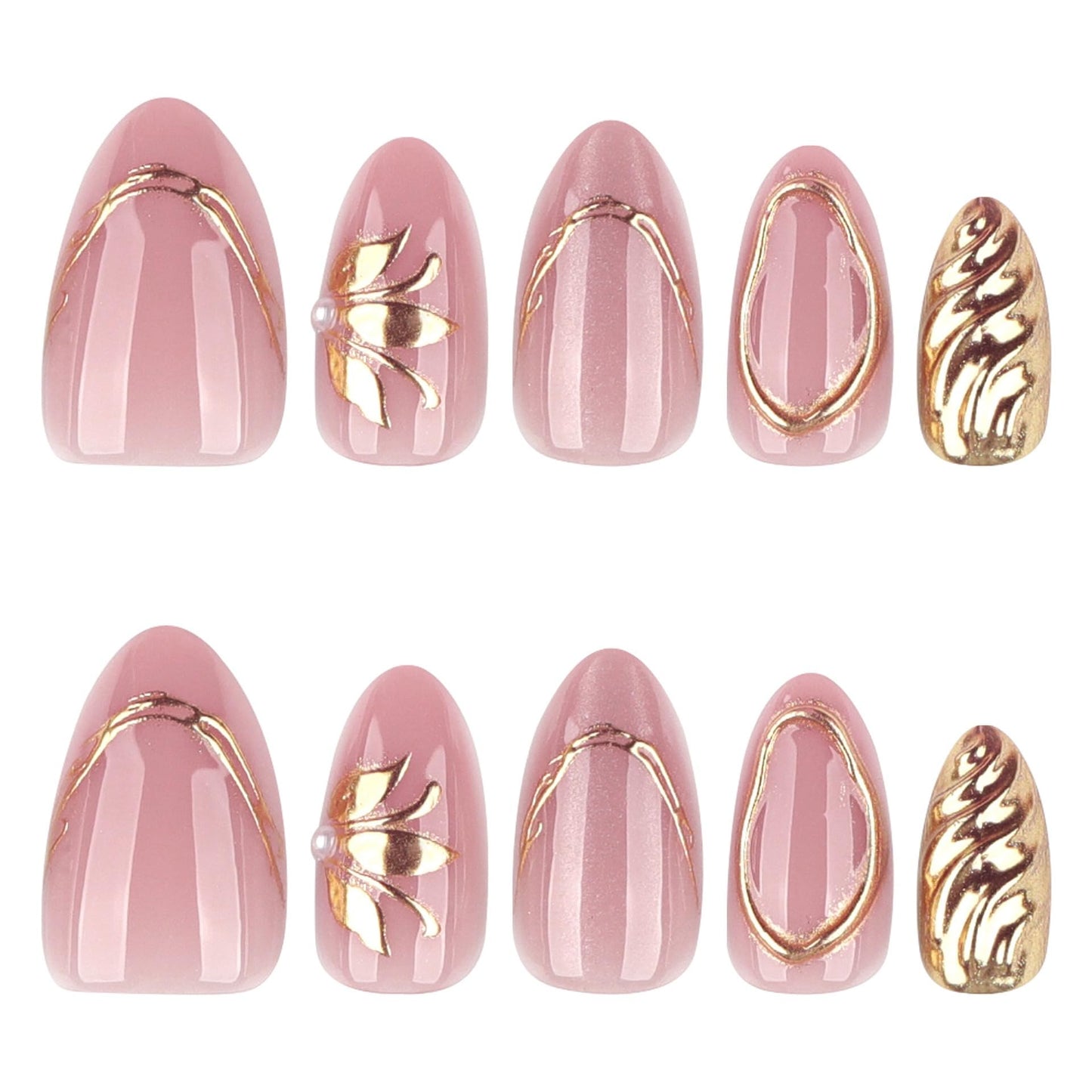 CTTHNBD Short Press on Nails Almond - Pink Fake Nails with Gold Line Design - Glossy Full Cover Stick on False Nails for Women 24 Pcs